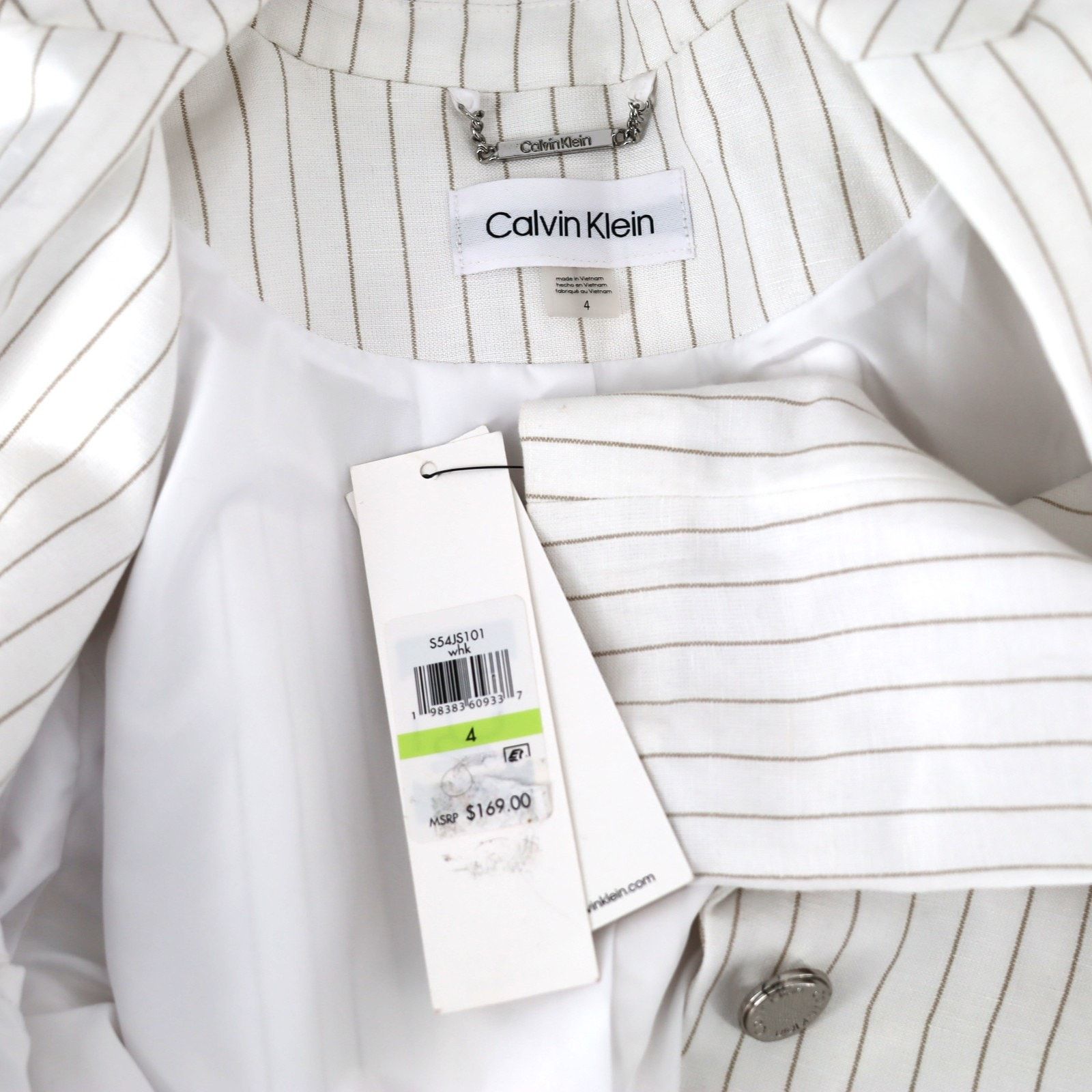 Calvin Klein Calvin Klein Women White Pinstripe Linen Jacket Size US 4 Size S / US 4 / IT 40 - 4 Thumbnail