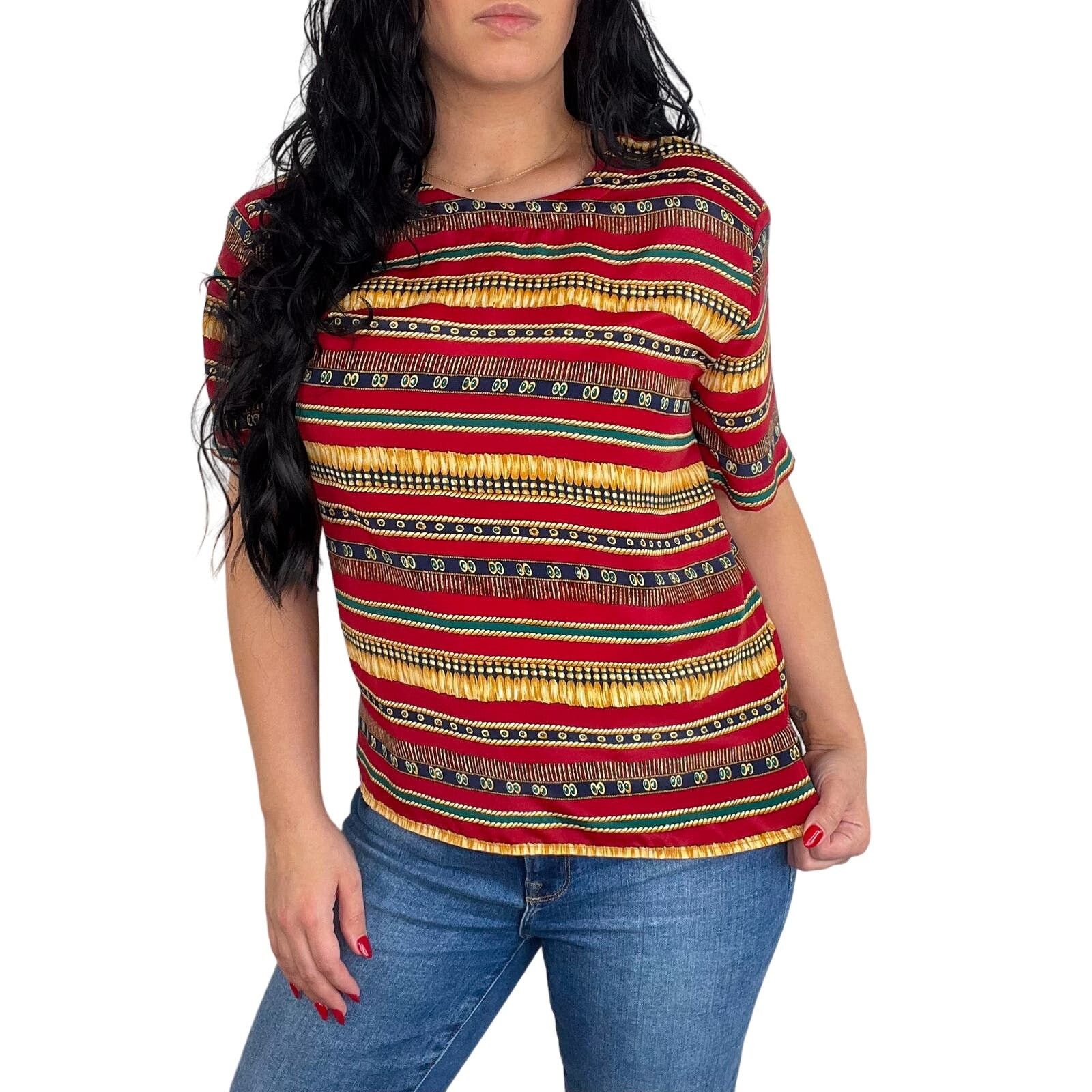 Vintage 1980s Vintage Red & Gold Retro Geometric Blouse Large Size M / US 6-8 / IT 42-44 - 2 Thumbnail