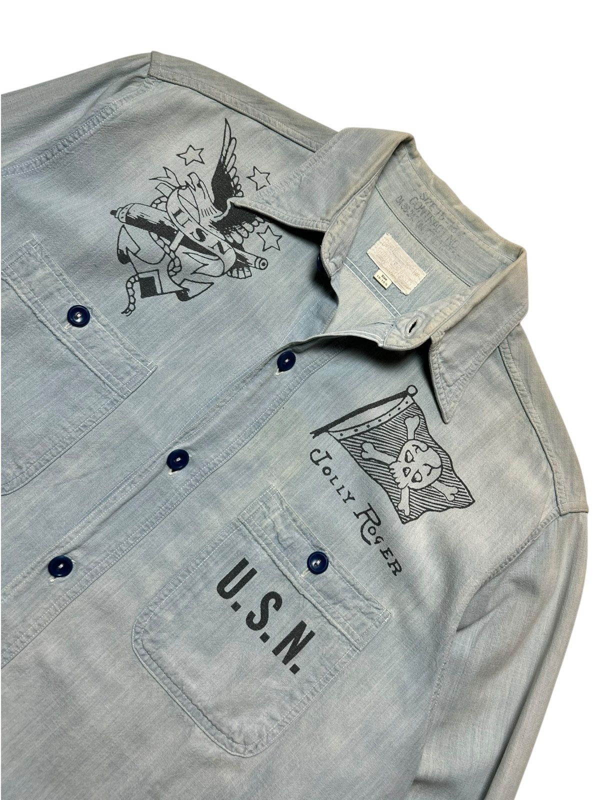 Buzz Rickson's Buzz Ricksons USN Denim Chambray Shirt Jelly Roger Washed Size US L / EU 52-54 / 3 - 6 Thumbnail