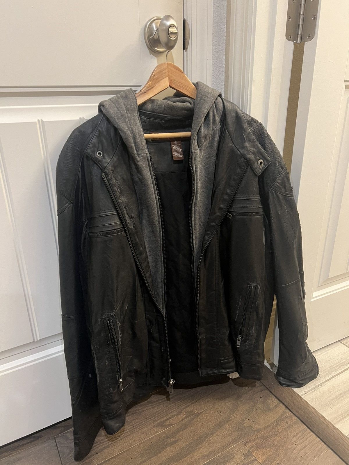 Perry Ellis Perry Ellis Men’s Black Faux Leather Hooded Moto Jacket Size US XL / EU 56 / 4 - 2 Thumbnail