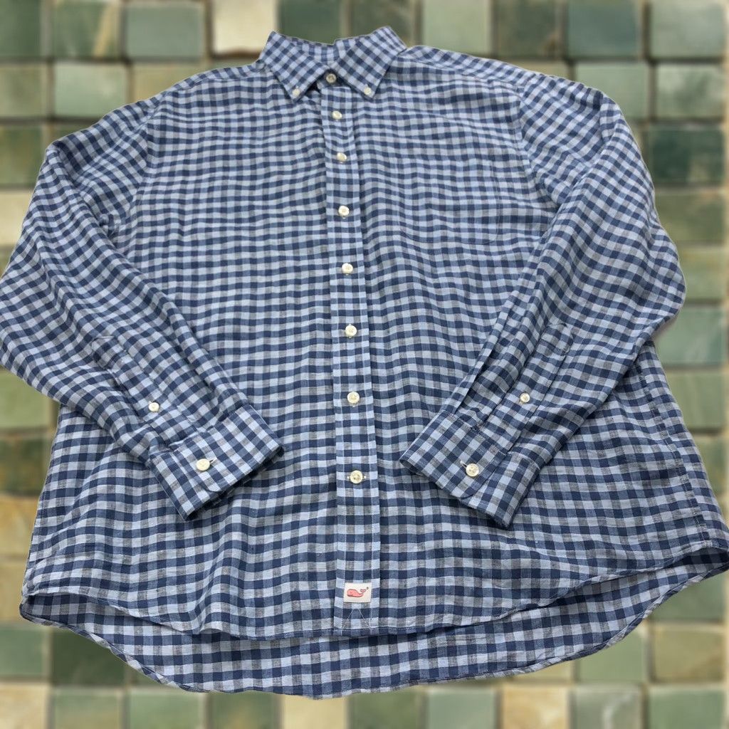 Vineyard Vines VINEYARD VINES Classic Fit MURRAY Large 17/36 Linen LS Check Shirt Blue MINT Size US L / EU 52-54 / 3 - 1 Thumbnail