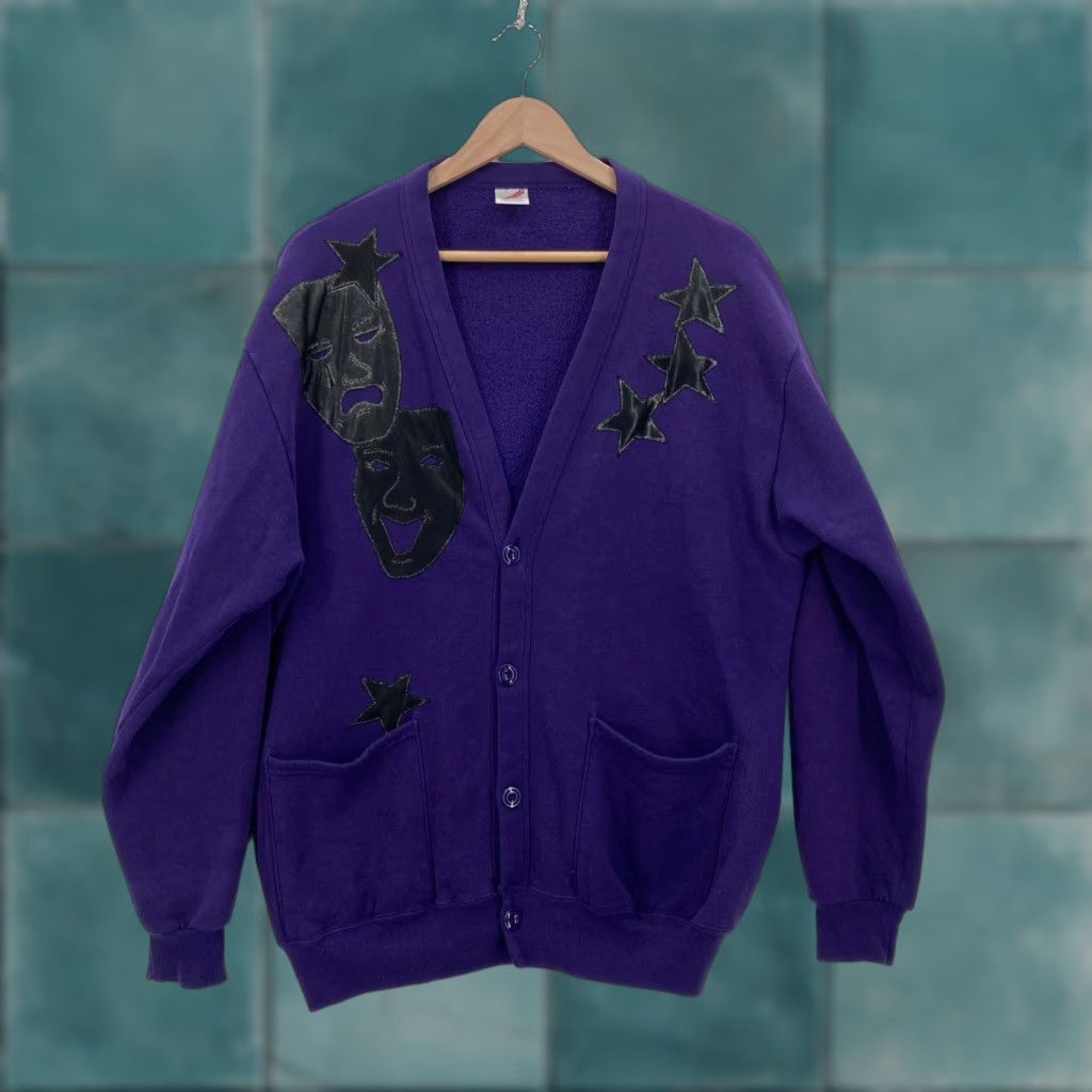 Jerzees VINTAGE Jerzees Cardigan Sweater Mens One Size Theater Masks Stars 90s Opera USA Size US M / EU 48-50 / 2 - 1 Thumbnail