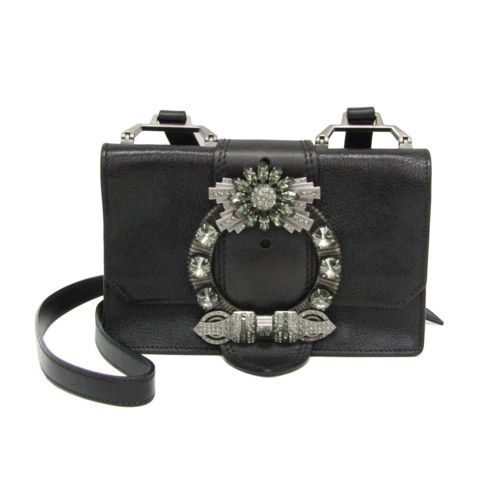 Miu Miu Miu Miu MADRAS 5BH609 Women's Leather,Rhinestone Shoulder Bag Black Size ONE SIZE - 1 Thumbnail