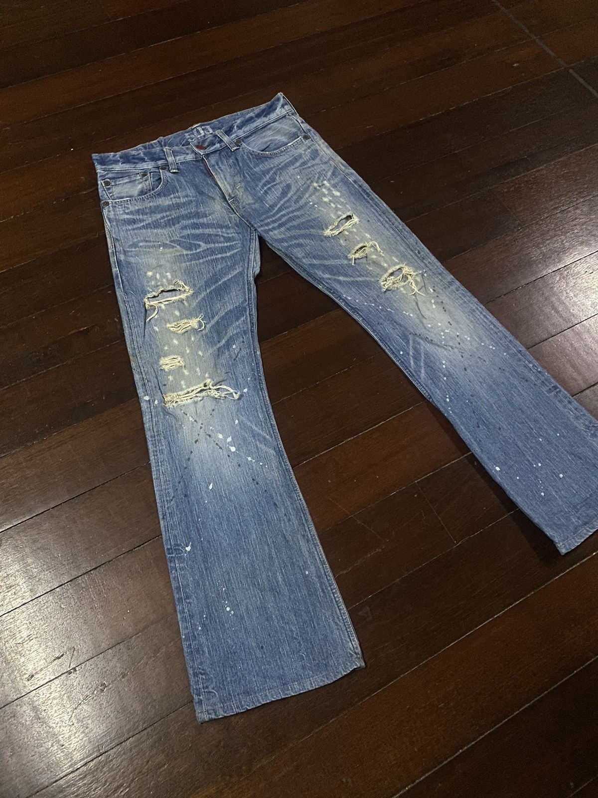 Designer × Edwin FIRE 🔥 EDWIN BLUE TRIP 503 WIDE LEG BOOT CUT DISTRESSED Size US 35 - 2 Thumbnail
