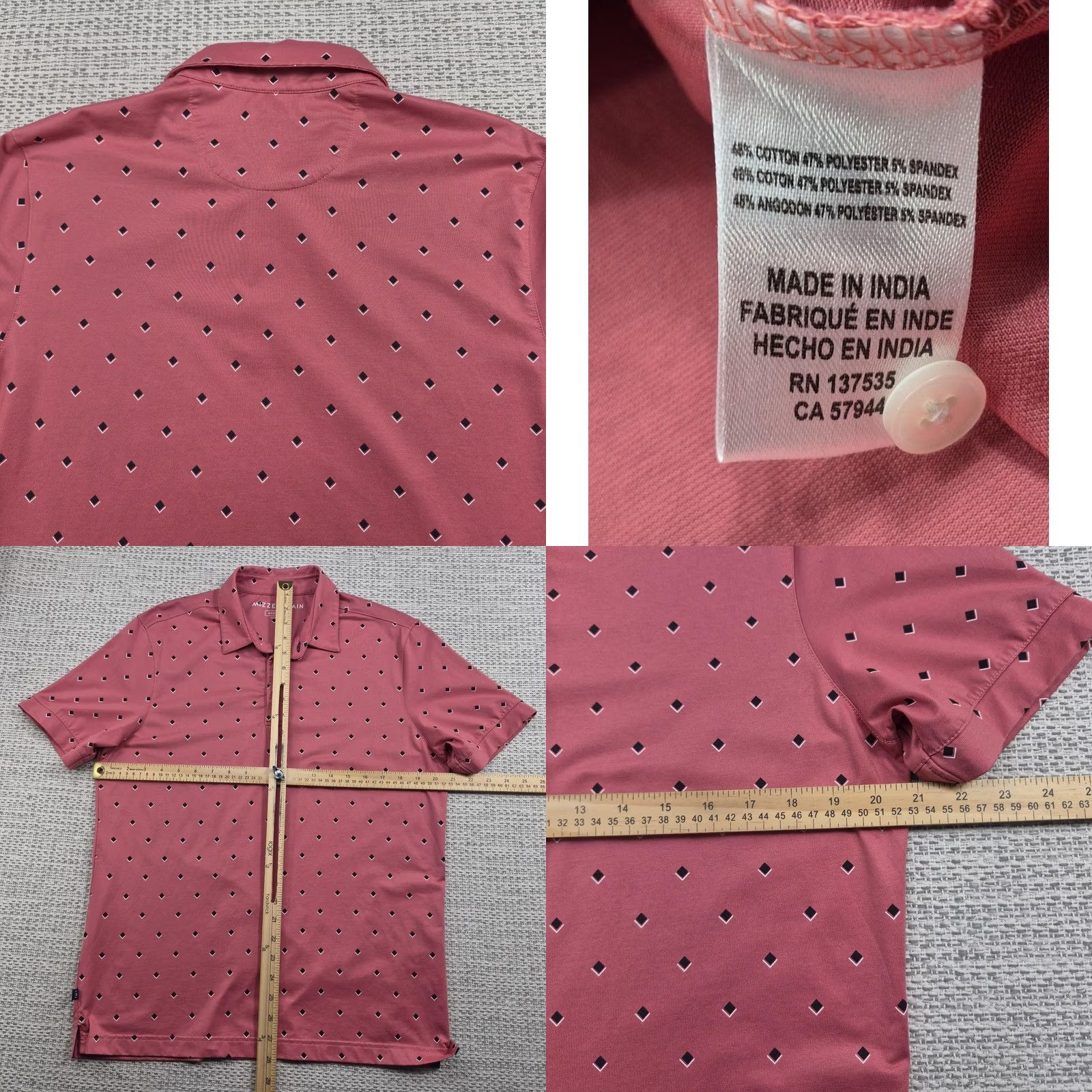 Mizzen+Main Mizzen+Main Golf Polo Shirt Mens Medium Pink Geometric Stretch Knit Tech Casual Polo Shirt Mens Size US M / EU 48-50 / 2 - 8 Thumbnail