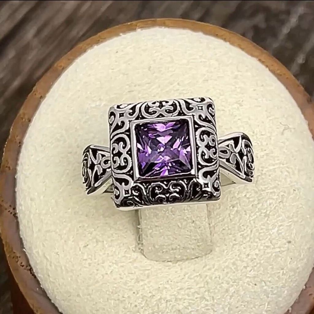 Other Sterling Silver Ornate Square Cut Amethyst CZ Ring Sz 8 New Size ONE SIZE - 2 Thumbnail