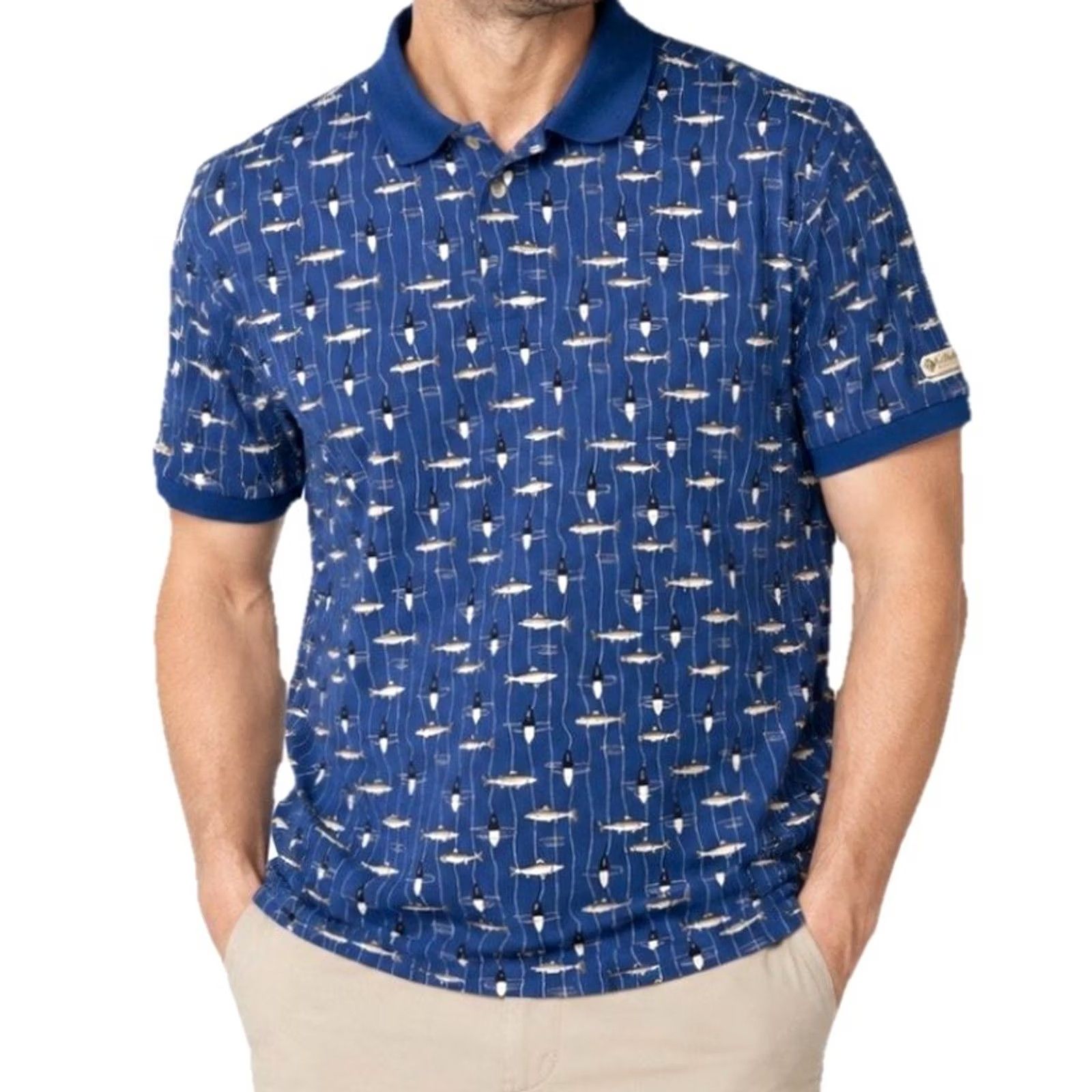 Vintage Columbia Polo Shirt Men’s Large Blue Fish Print Golf Outdoor Casual Shirt Short Sleeve Knit Cotton 100% Classic Fit Button Closure Size US L / EU 52-54 / 3 - 2 Thumbnail