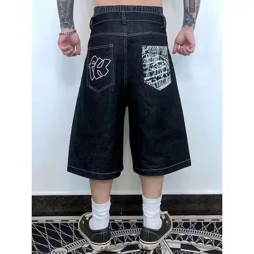 Japanese Brand Blue Color Hip Hop Pockets Embroidery Print SHort Jean Size US 32 / EU 48 - 1 Thumbnail