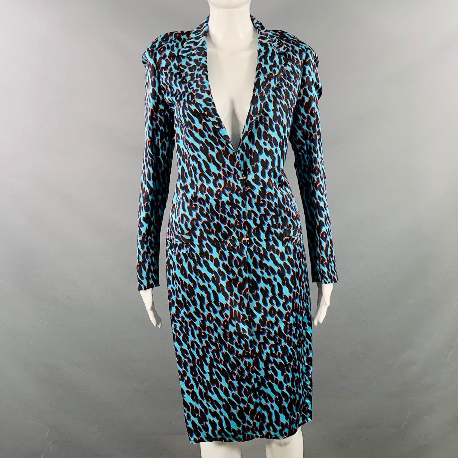 Lanvin Blue Black Orange Silk Animal Print Hook Eye Closure Coat Size S / US 4 / IT 40 - 1 Thumbnail