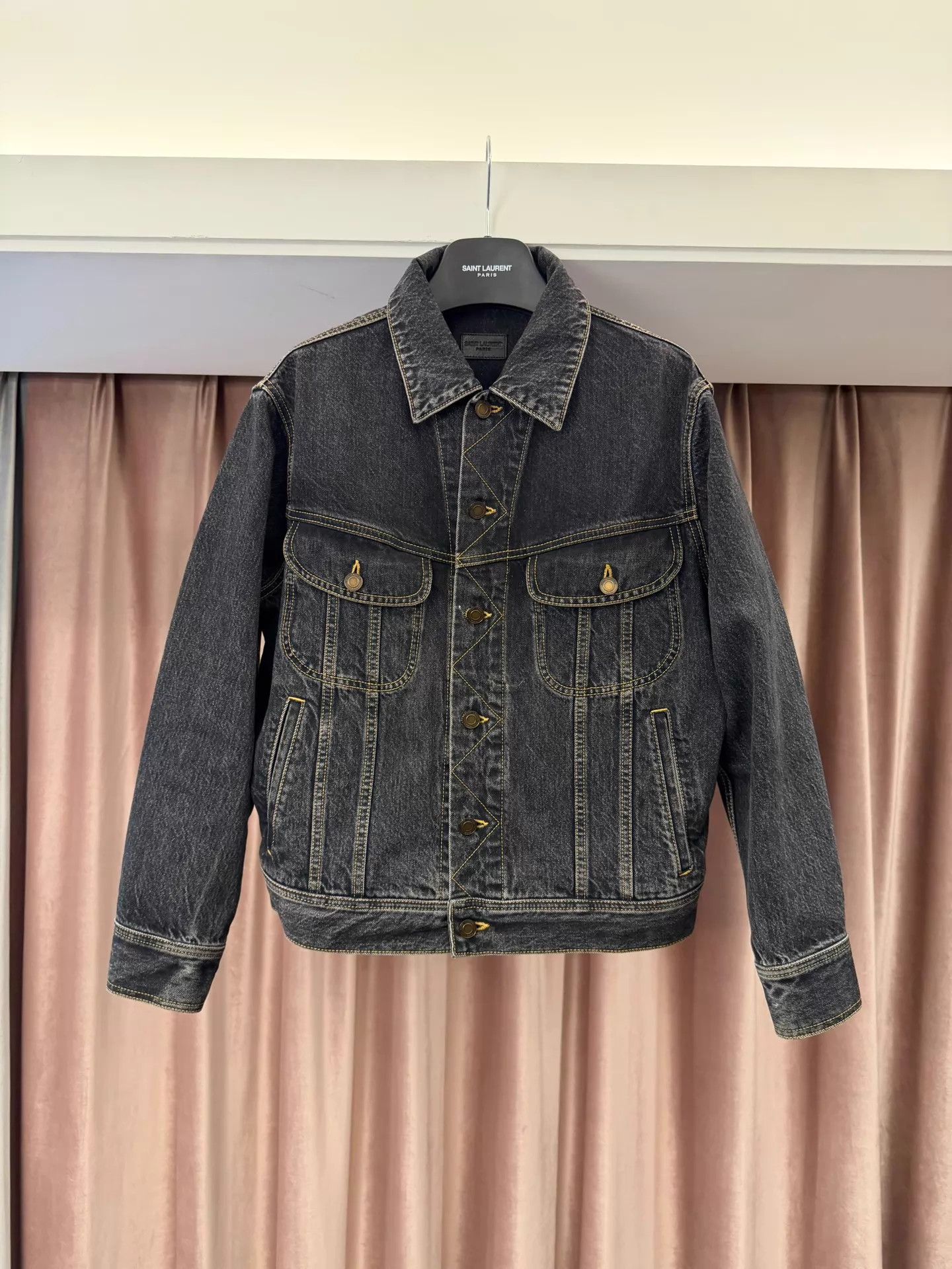 Saint Laurent Paris SLP Black Washed Denim Yellow Stitch Jacket S Size US S / EU 44-46 / 1 - 1 Thumbnail