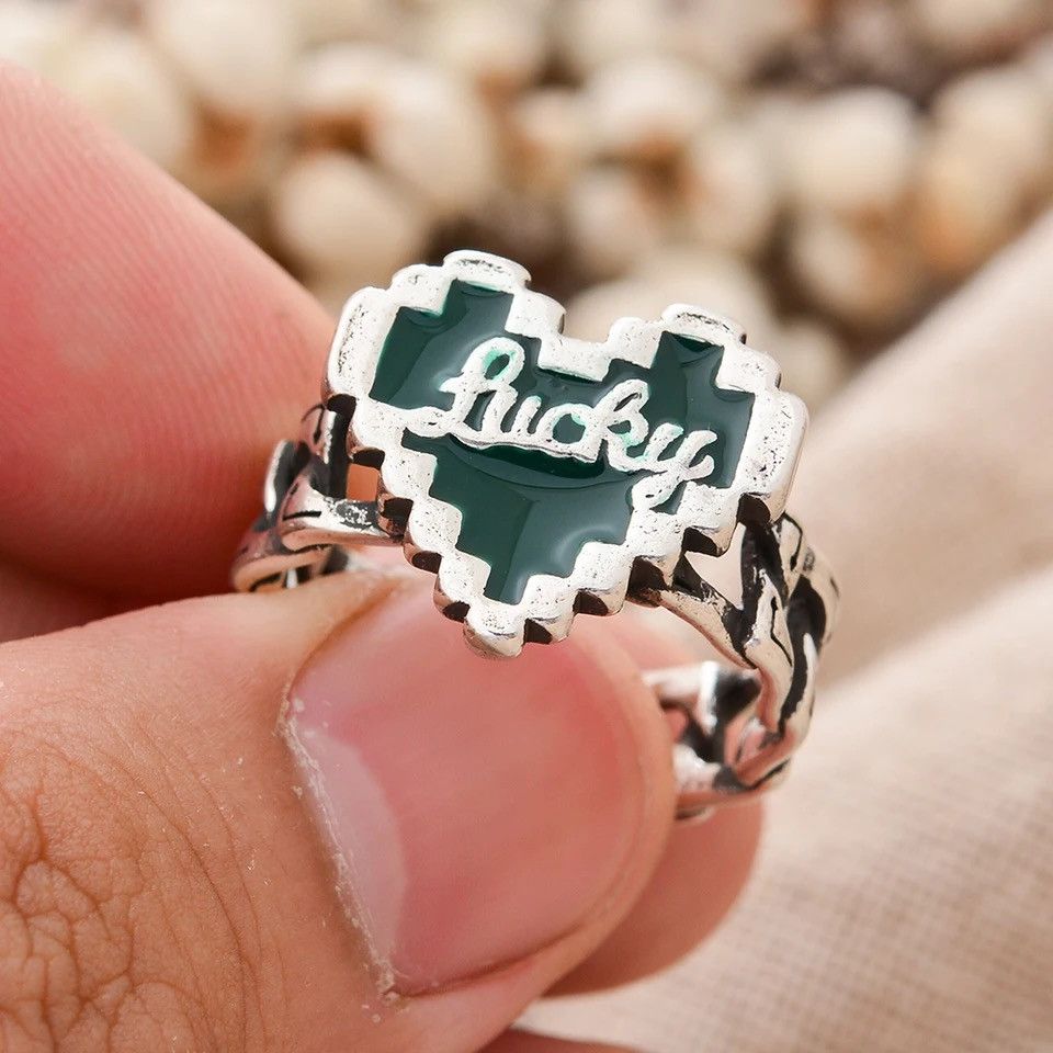 Jewelry × Vintage Romantic Mosaic Green Love Heart Lucky Letter Resin Ring Size ONE SIZE - 5 Thumbnail