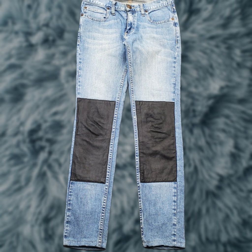Vintage Ay Not Dead Jeans Womens 24 Skinny Blue Leather Knee Patches Streetwear 5-Pocket Design, Inseam 26.5" | Mens? Womens Size 42" / US 20 - 1 Thumbnail
