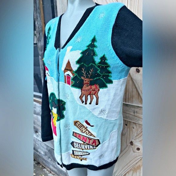 Quacker Factory Vintage Quacker Factory Blue Christmas Cardigan Sweater Size S / US 4 / IT 40 - 3 Thumbnail