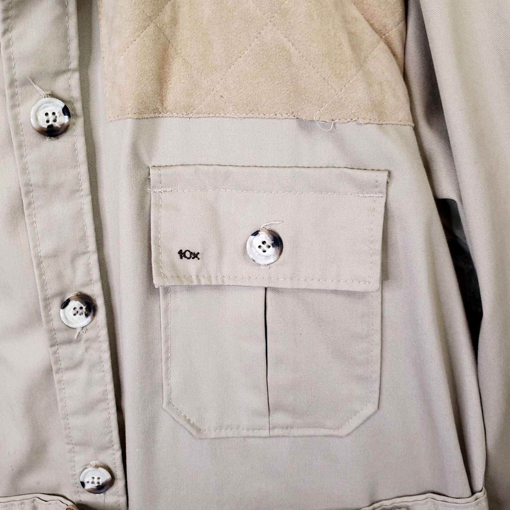 J Brand VINTAGE 10X Brand Hunting Safari Jacket Four Pocket Brown Cotton Leather Shoulders L Regular Mens Winter Outdoor Workwear - Shirt? Size US L / EU 52-54 / 3 - 4 Thumbnail