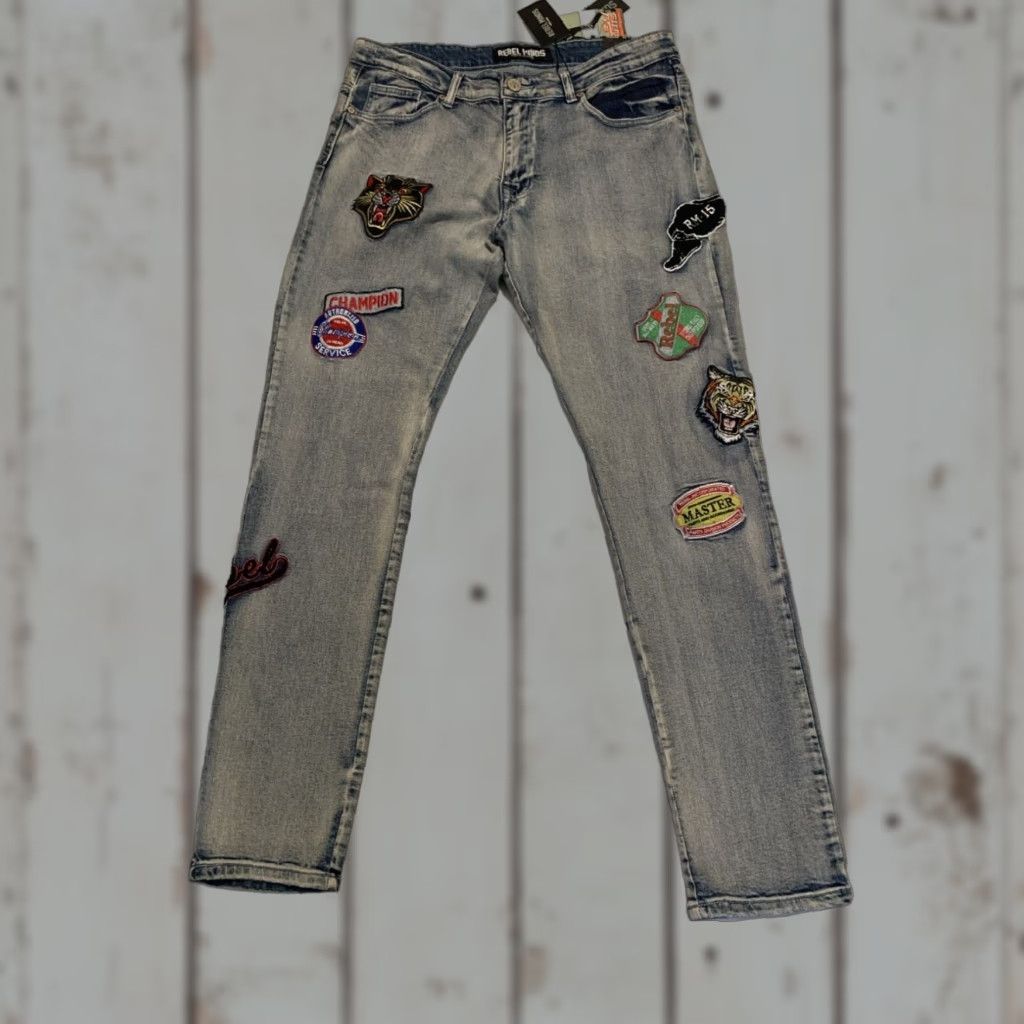 Vintage Rebel Minds Blue Slim Fit Jeans with Patches Men's 34x32 Size US 34 / EU 50 - 1 Thumbnail