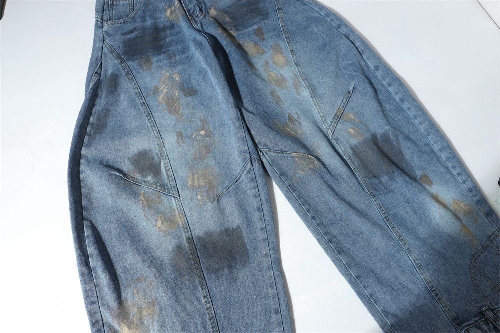 Japanese Brand × Jean Men's wide-leg ink-splashed distressed dirty scimitar jeans Size US 32 / EU 48 - 4 Thumbnail