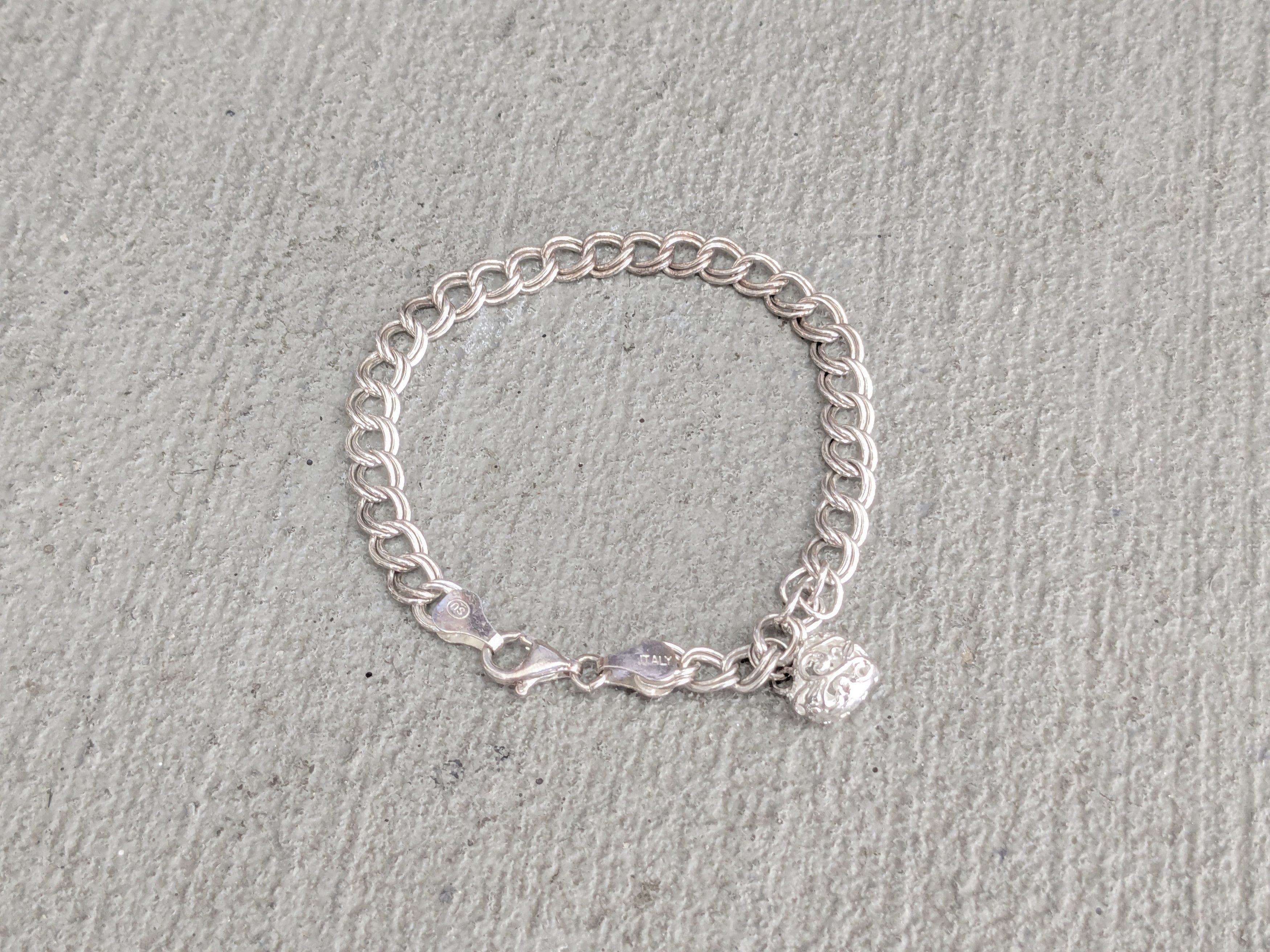 Jewelry Sterling Silver Bracelet Double Curb Heart Charm 7" Italy Size ONE SIZE - 1 Thumbnail