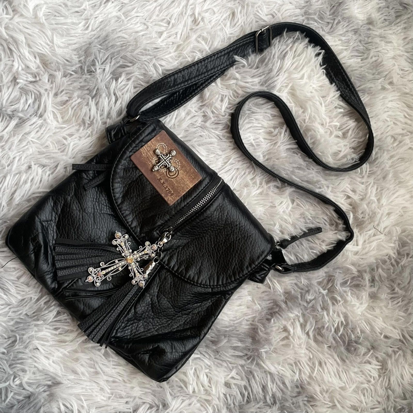 Leather Black Cross Faux Leather Crossbody Bag with Tassel Detail Size ONE SIZE - 7 Thumbnail