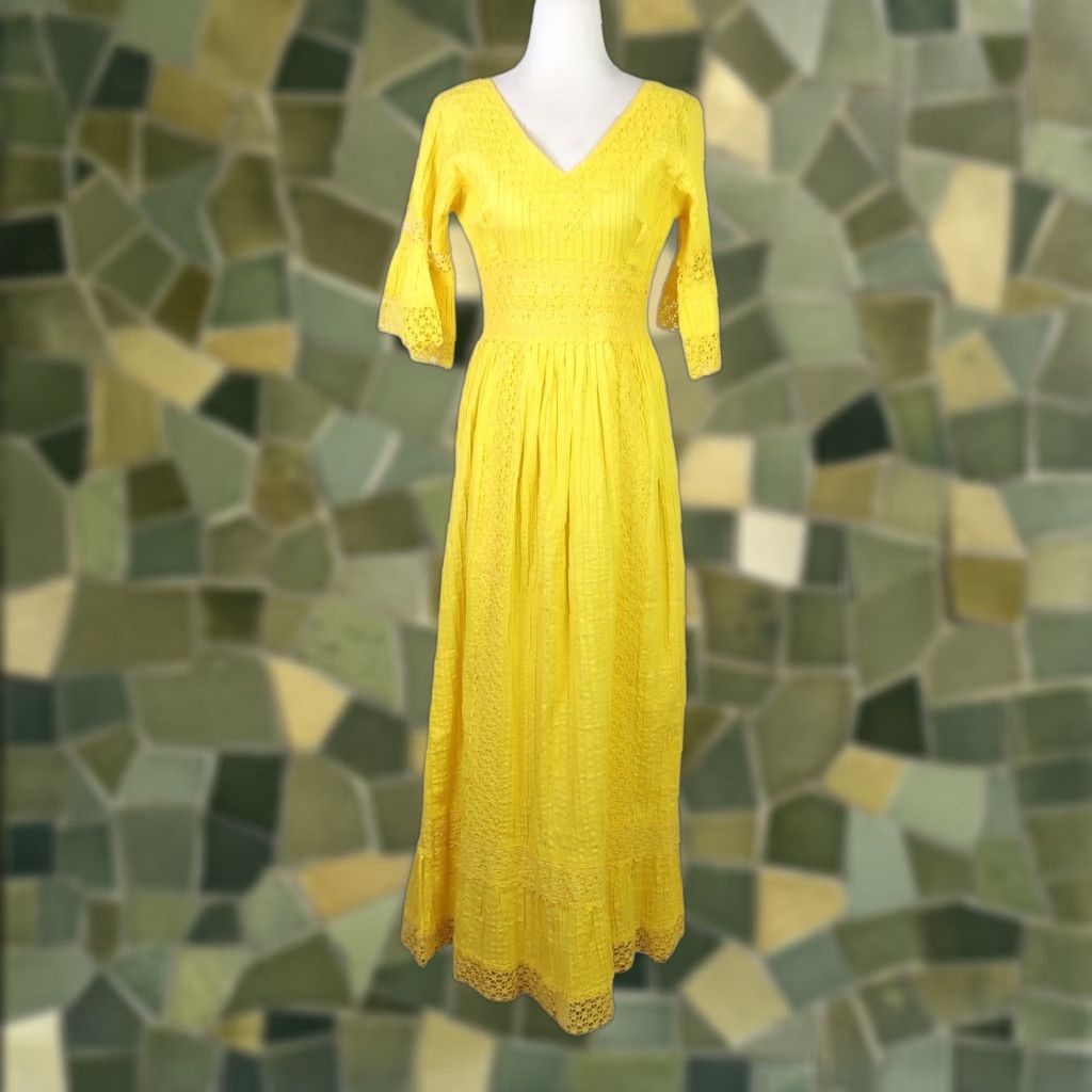 VINTAGE 70s Yellow Pintuck Crochet Cut-Out A-Line Maxi Dress Small Dress