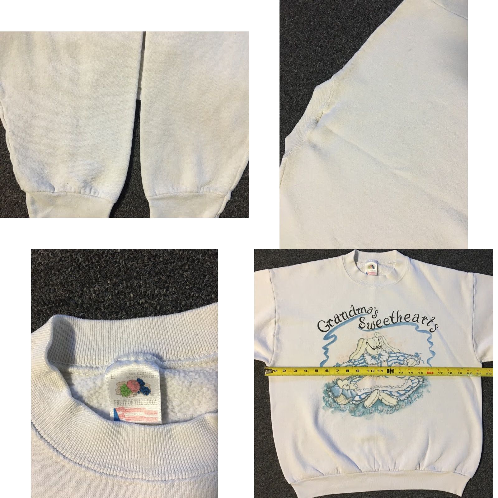 Fruit Of The Loom VINTAGE Grandmas Sweethearts Doll Faded Sweatshirt M USA Art Grunge Bunny 80s 90s Christmas Holiday USA Mens White Pullover Sweater Size US M / EU 48-50 / 2 - 8 Thumbnail