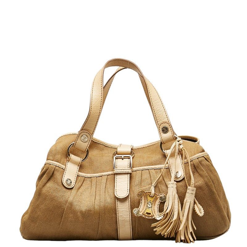 image of Celine Triomphe Charm Tassel Canvas Shoulder Bag in Brown, Women's