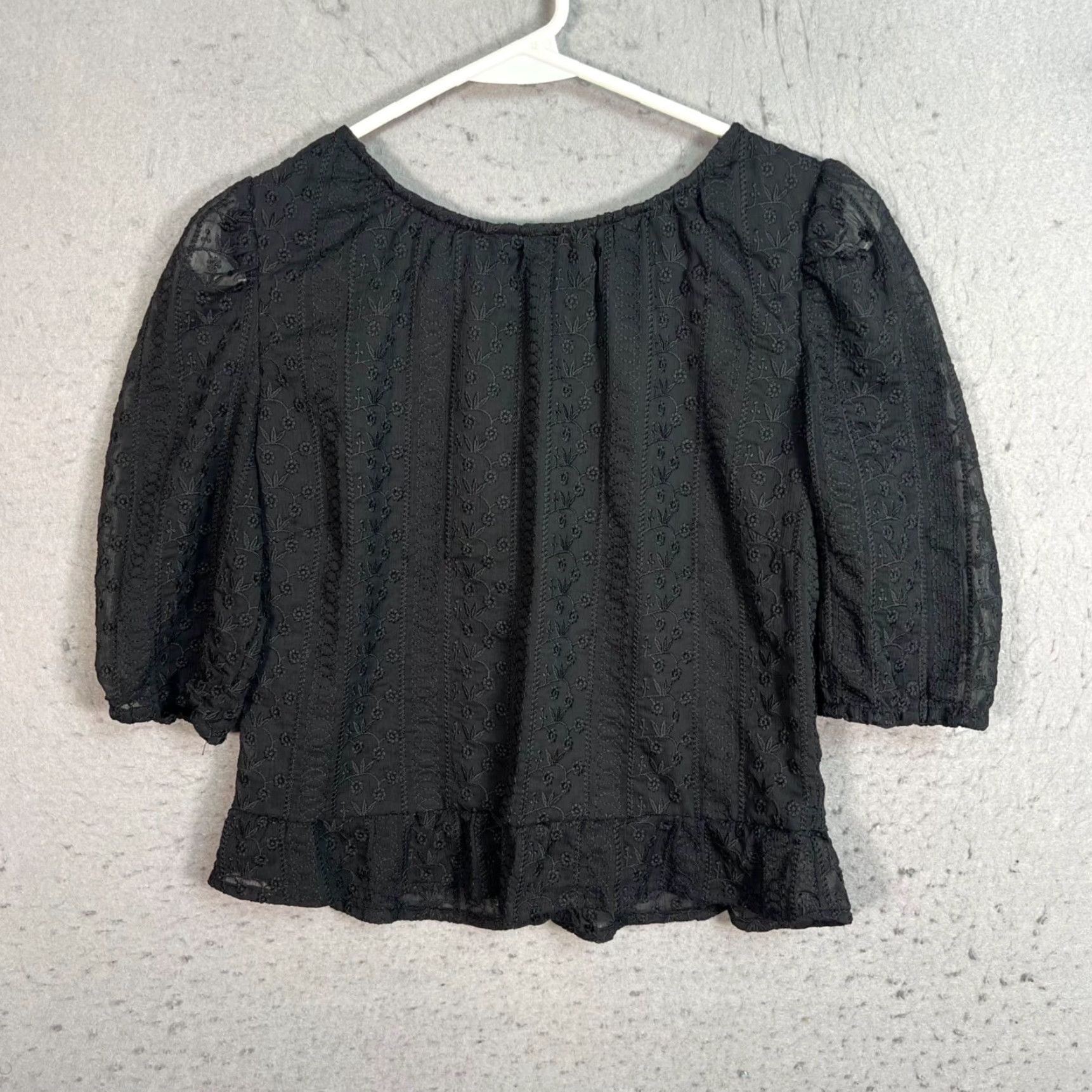 CO RW & Co Womens Blouse Eyelet Embroidered Black Shirt M Floral Round Neck Casual Summer Spring Fall Size M / US 6-8 / IT 42-44 - 2 Thumbnail