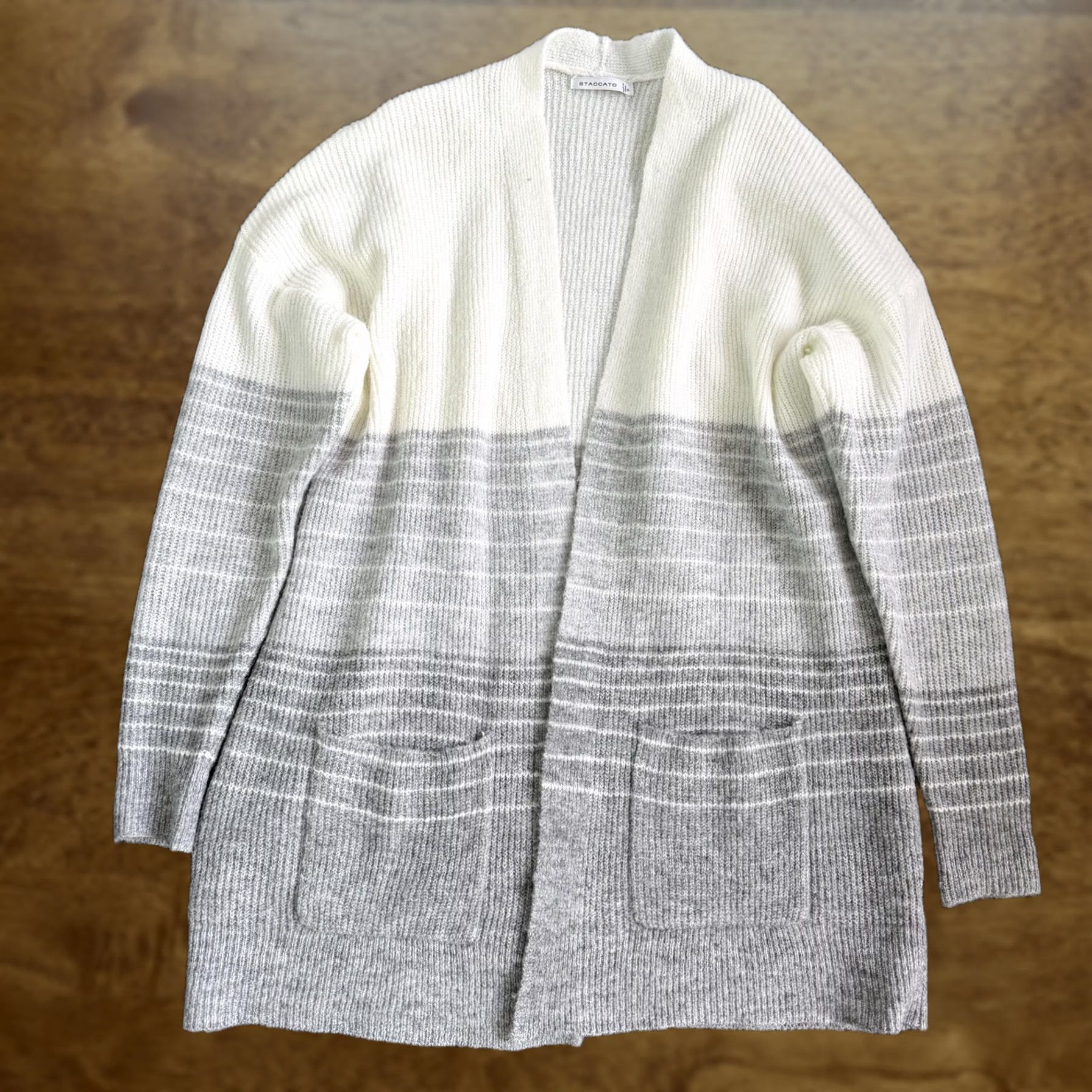 Vintage STACCATO Cardigan Sweater Womens Small Gray V Neck Striped Open Front Pockets Size S / US 4 / IT 40 - 1 Thumbnail