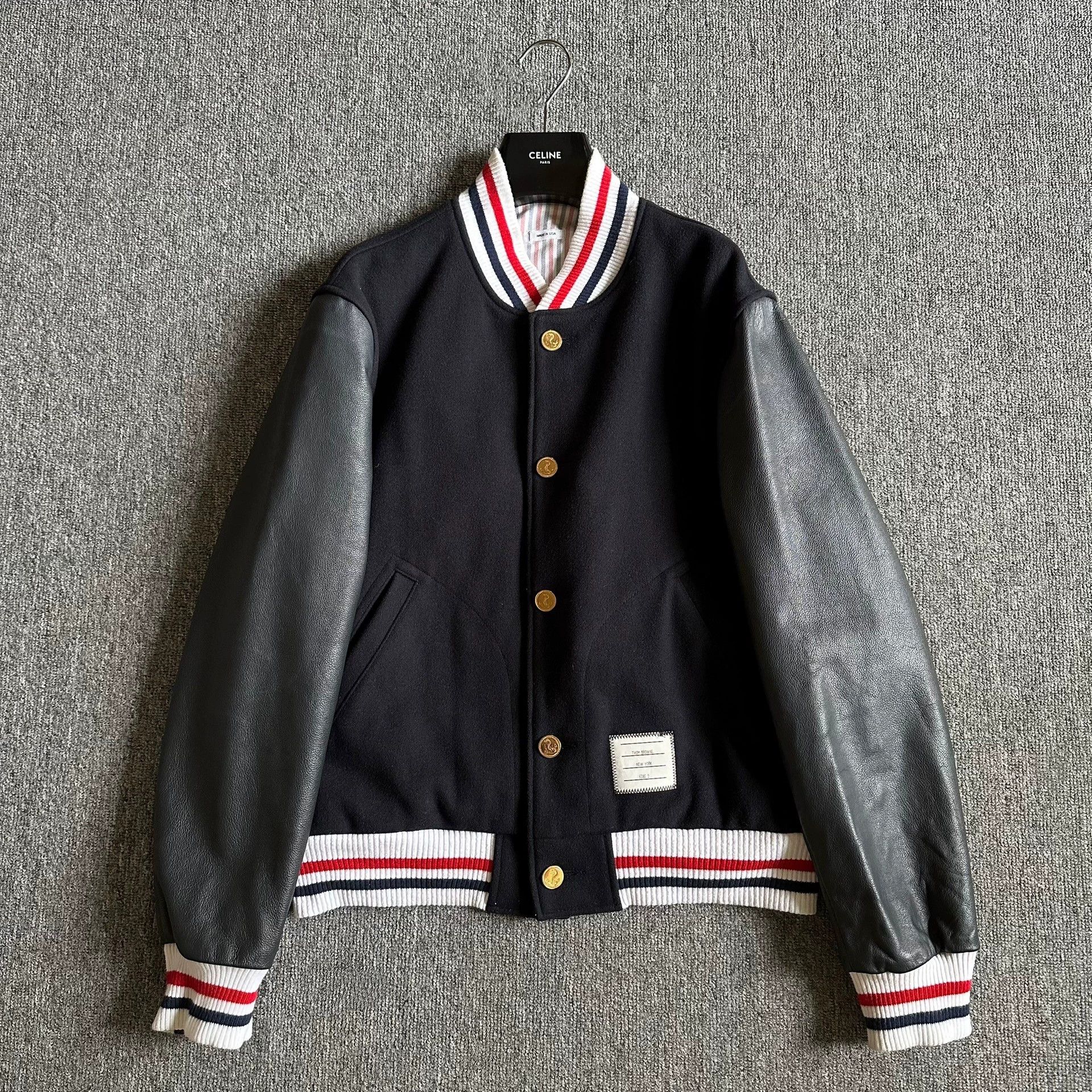 thom browne navy striped leather jacket