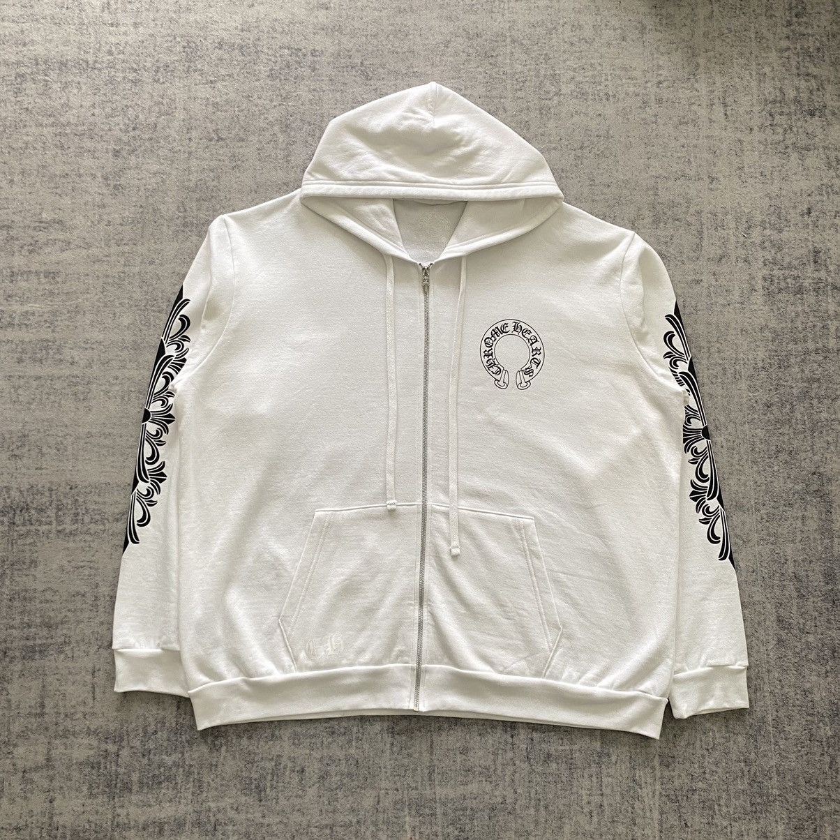 ◆CHROME HEARTS◆Horseshoe Floral Fleece Zip-Up Hoodie White Chrome Hearts Horseshoe Floral Hoodie White – Royal Kickz
