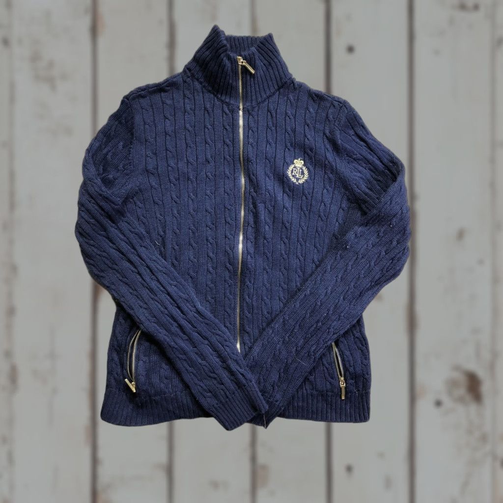 Ralph Lauren VINTAGE? No. Lauren Ralph Lauren Sweater Womens M Navy Cable Knit Full Zip RL Crest Size M / US 6-8 / IT 42-44 - 1 Thumbnail