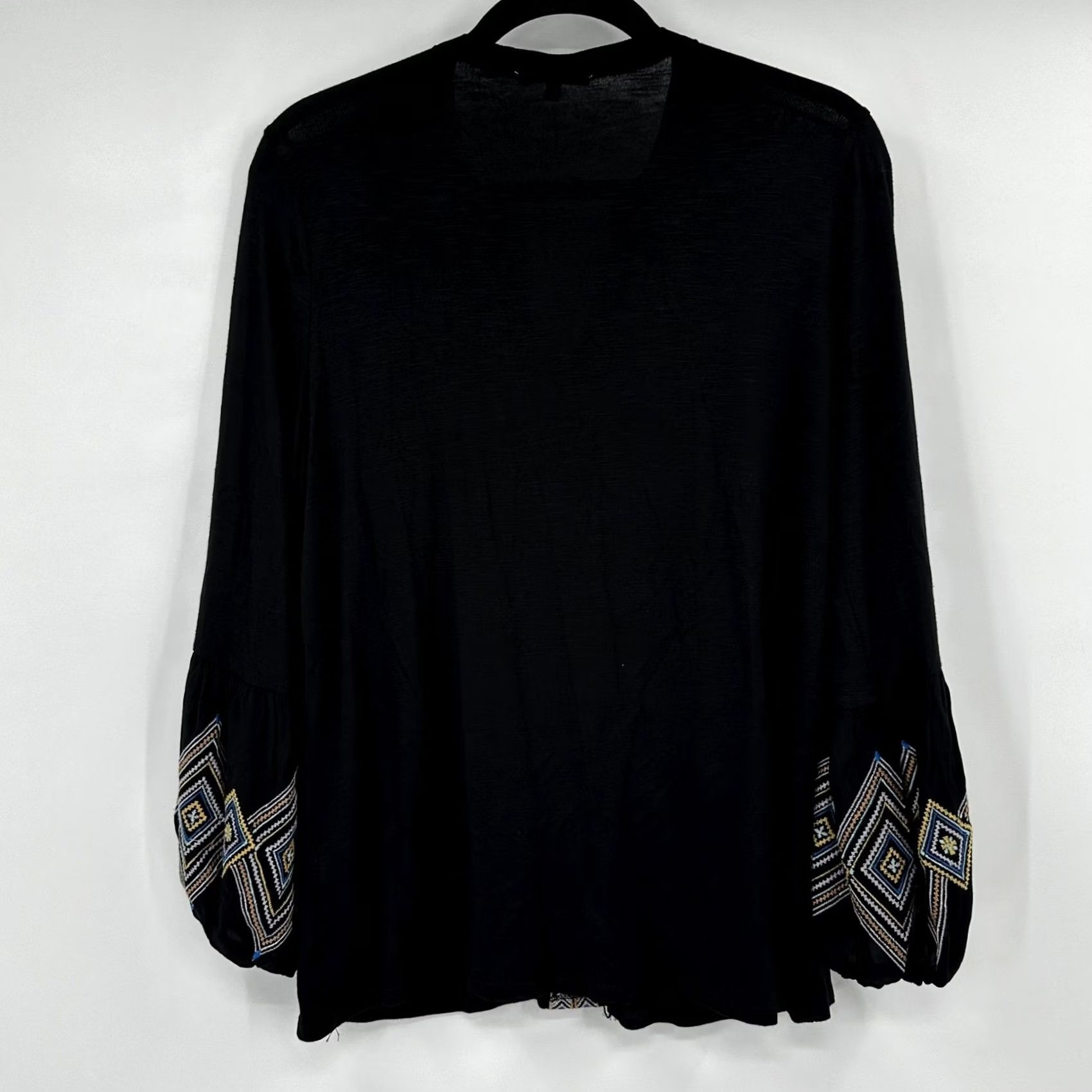 Vintage Democracy Blouse Black Knit Embroidered Boho Puff Sleeve Slub Peasant V-Neck Shirt Womens S 90s Festival Ethnic Size S / US 4 / IT 40 - 5 Thumbnail