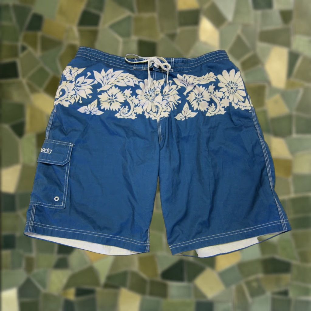 Speedo Speedo Blue White Hawaiian Floral Lined Swim Board Shorts Men XL Size US 36 / EU 52 - 1 Thumbnail