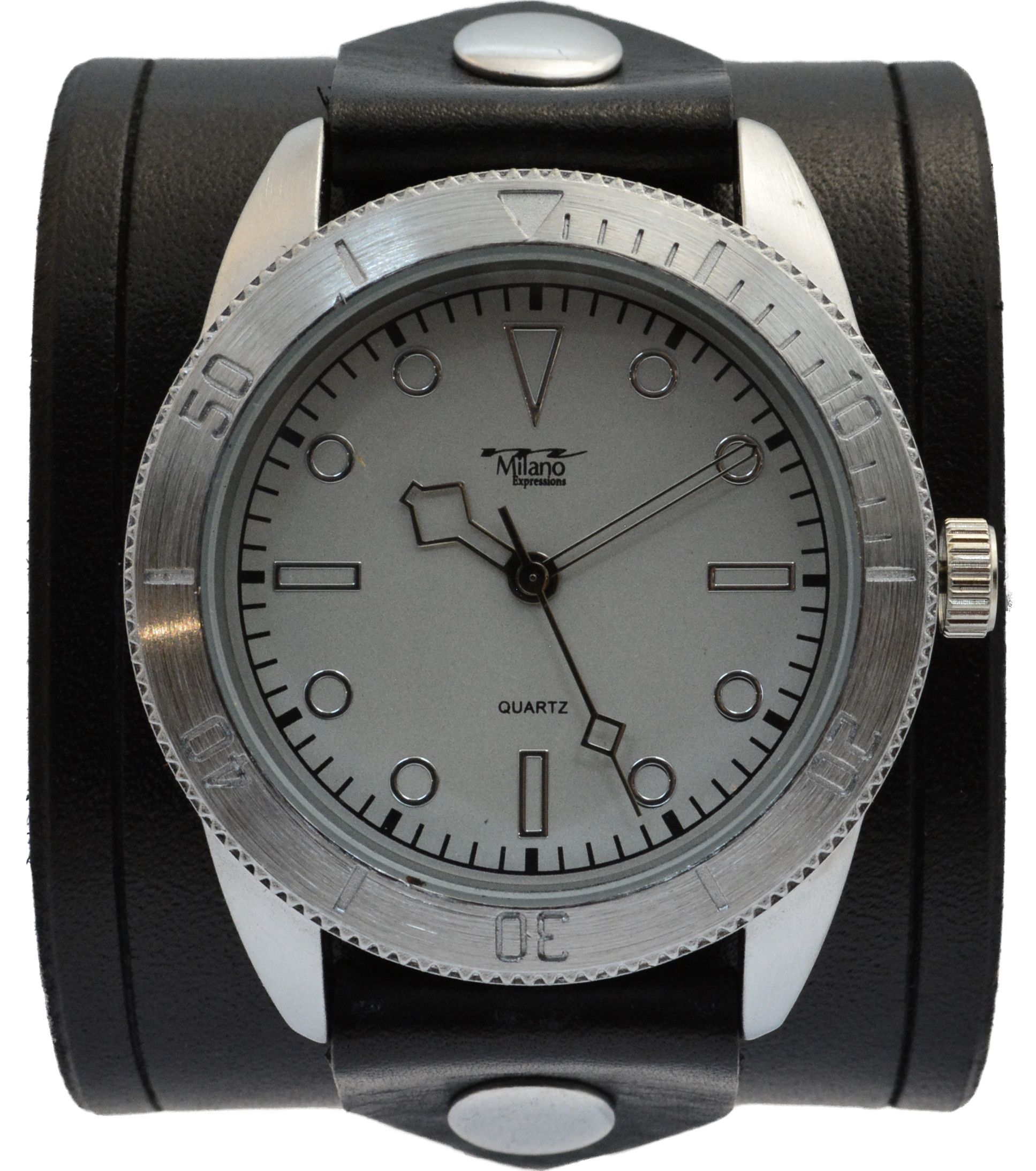 Handmade Men's Black Leather Cuff Watch - Military Sport Dial Size ONE SIZE - 1 Thumbnail