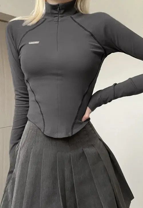 image of Vintage Sweetown Gray Stitched Tops Women Zip Up in Grey
