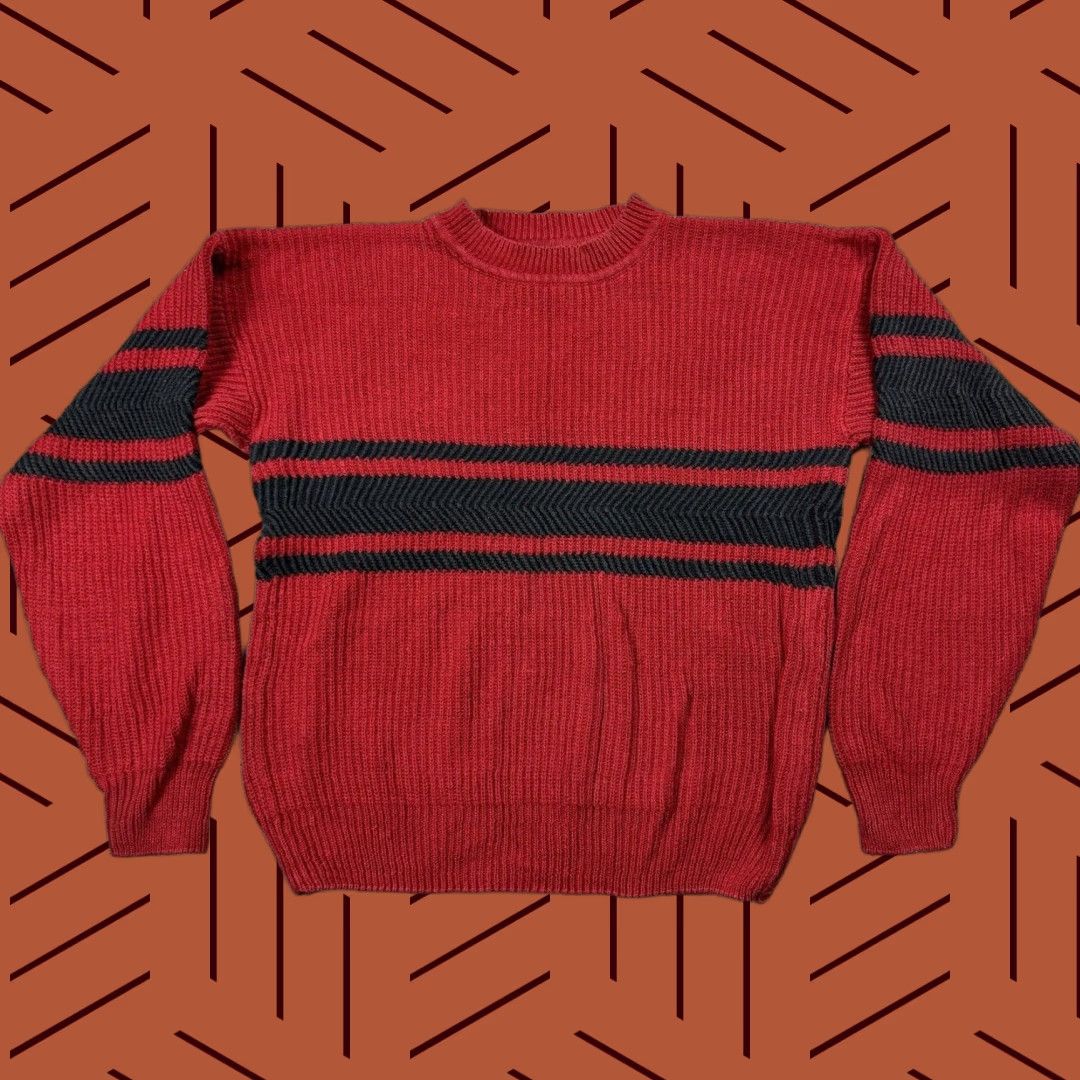 Vintage VINTAGE 80s 90s Red Striped Cotton Crew Neck Sweater Mens Large Preppy Nautical Size US L / EU 52-54 / 3 - 1 Thumbnail