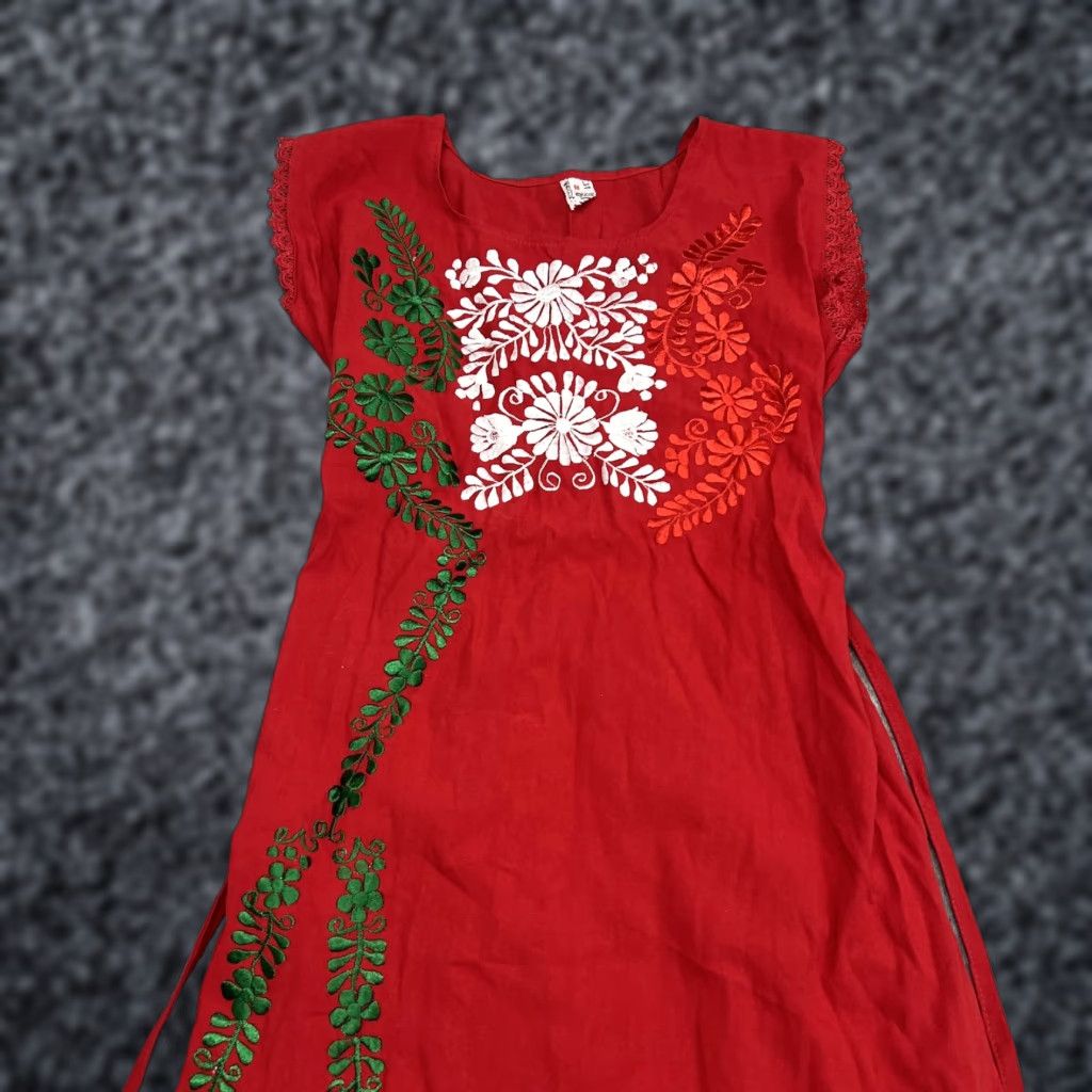 Mexican Embroidered Tunic Dress Womens M Red Floral Waist Tie Boho Folk  Festival