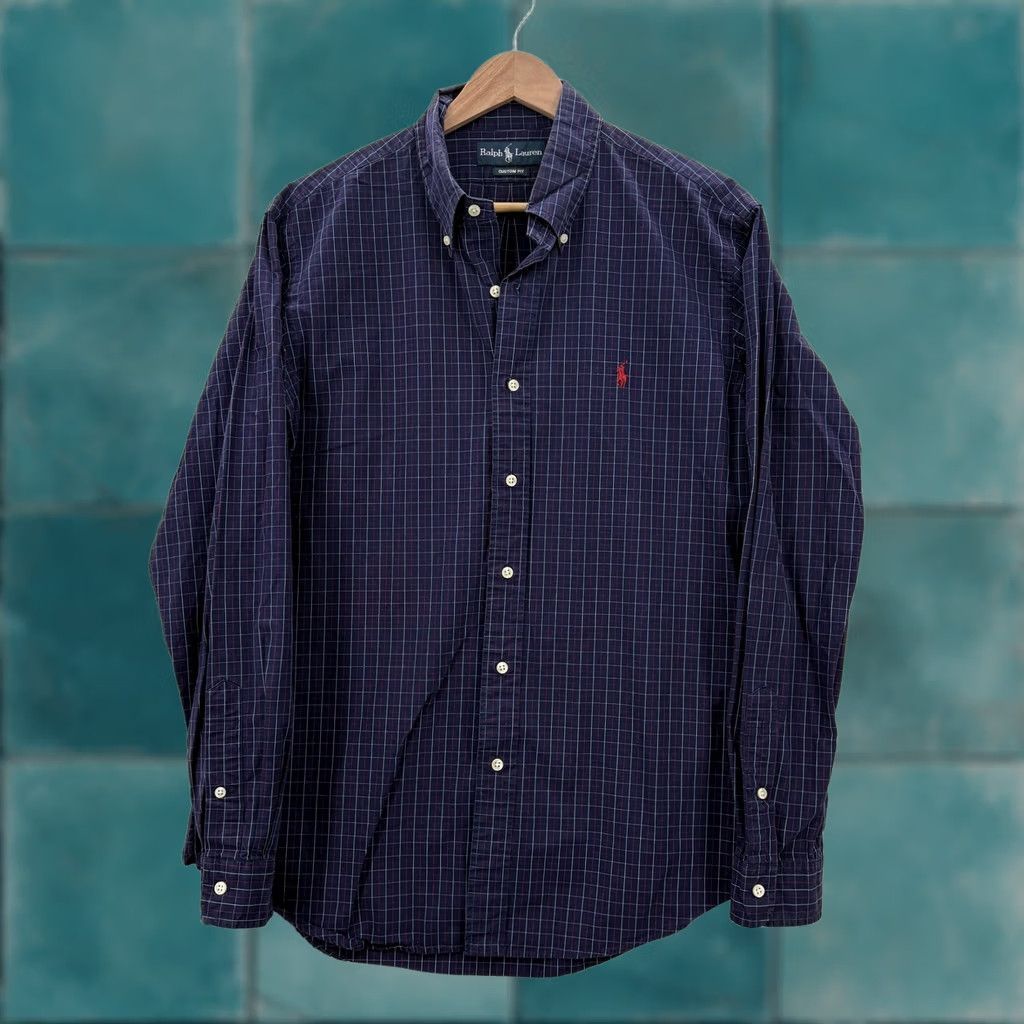Ralph Lauren Shirt Mens Large Blue Check Long Sleeve Button Down Custom Fit