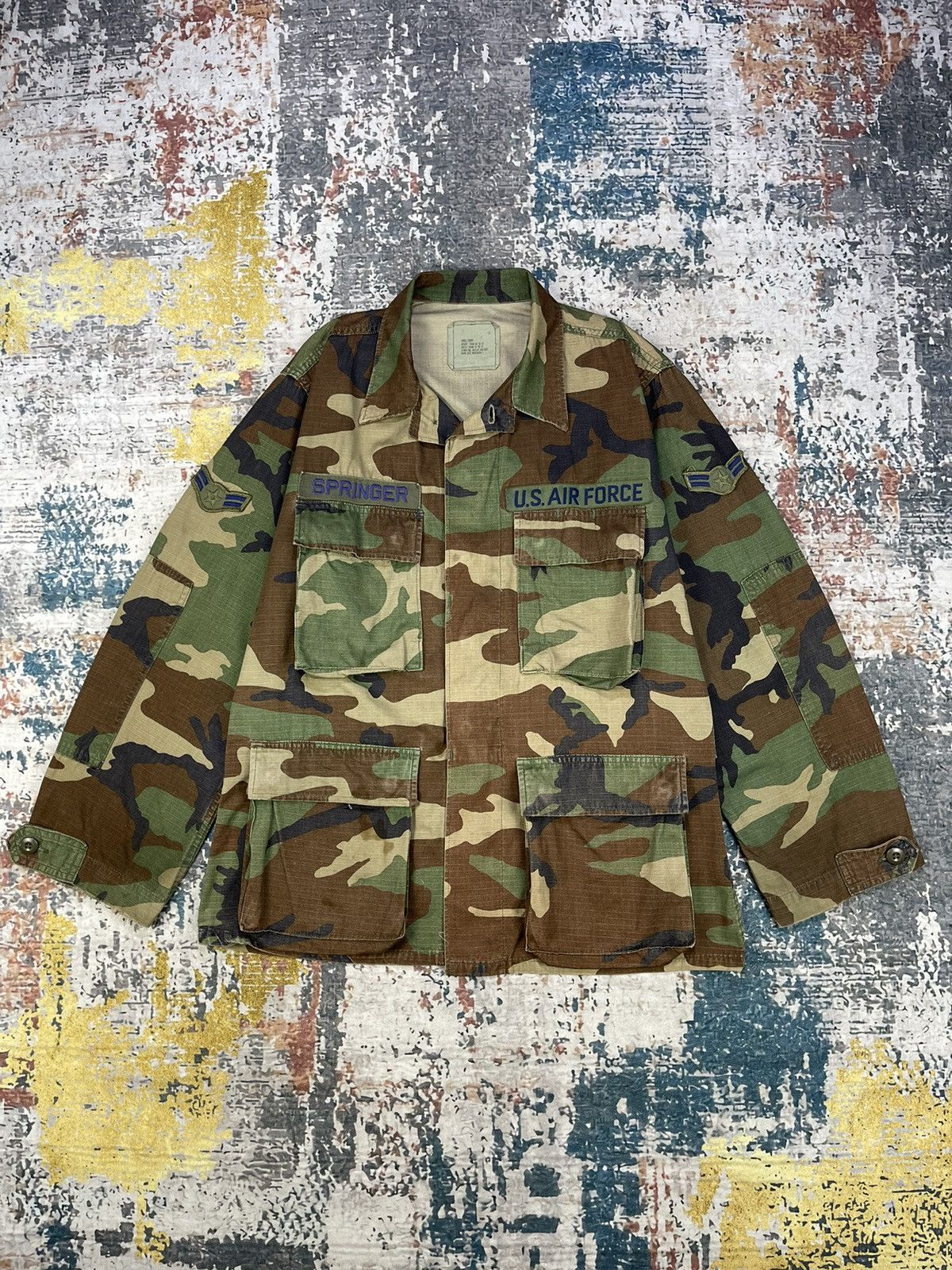 Vtg 80s USAF Airman First Class Woodland Camo Combat Jacket