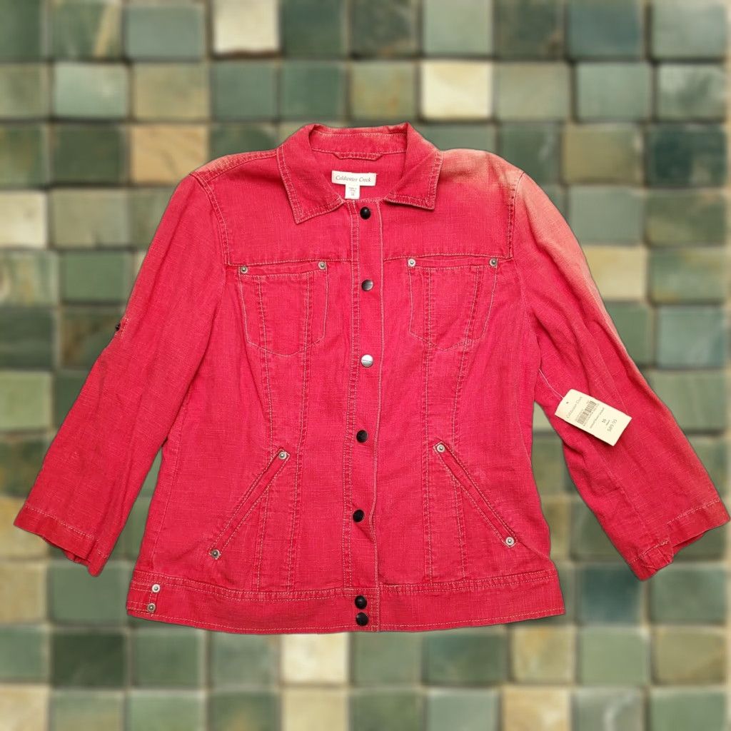Coldwater Creek Coldwater Creek Jacket Womens 10 Red Linen Blend Sun Faded Long Sleeve Casual Shirt, Women, 1960s USA Theme Size L / US 10 / IT 46 - 1 Thumbnail