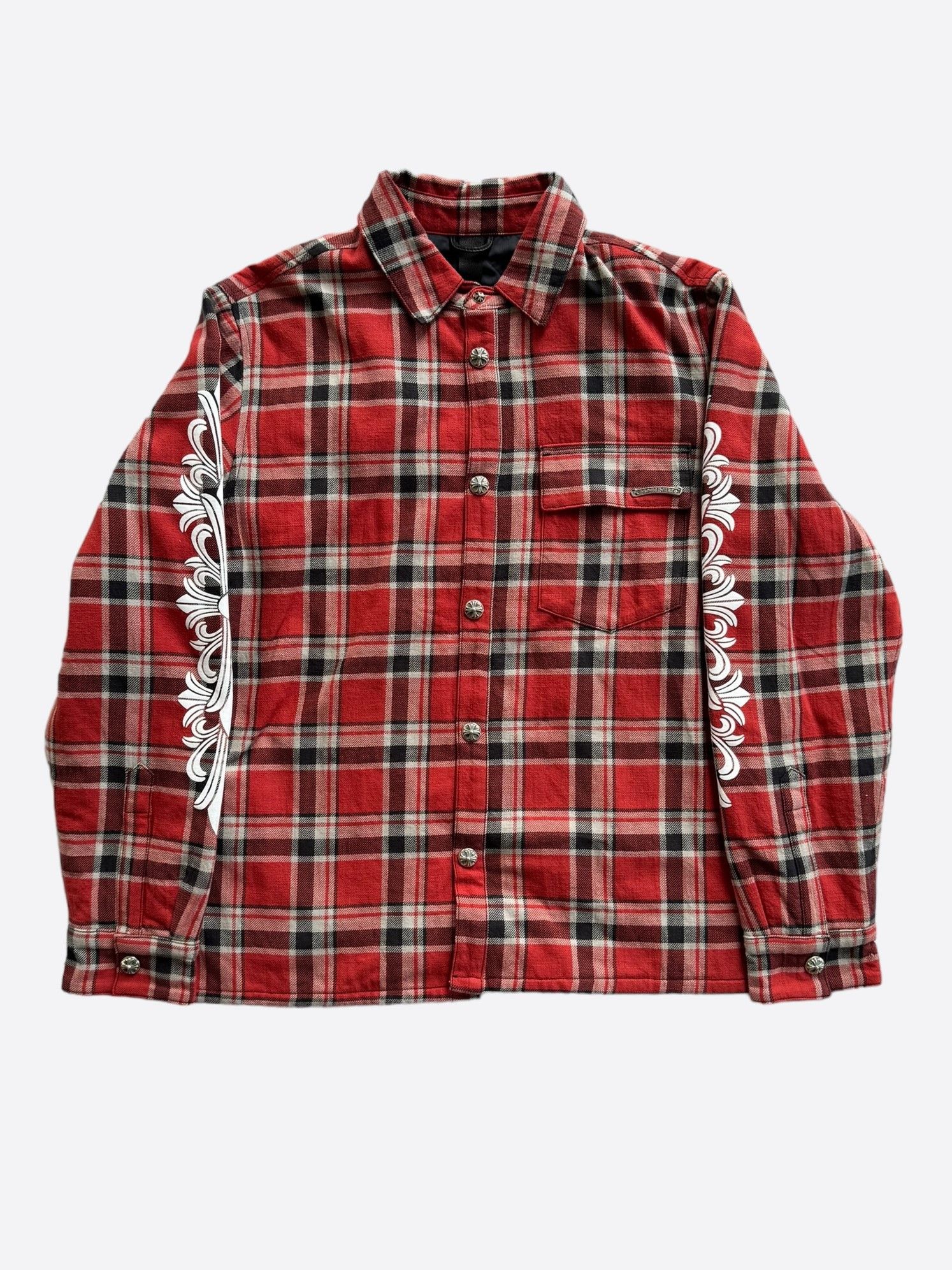 image of Chrome Hearts Red & White Fleur Padded Flannel, Men's (Size Medium)