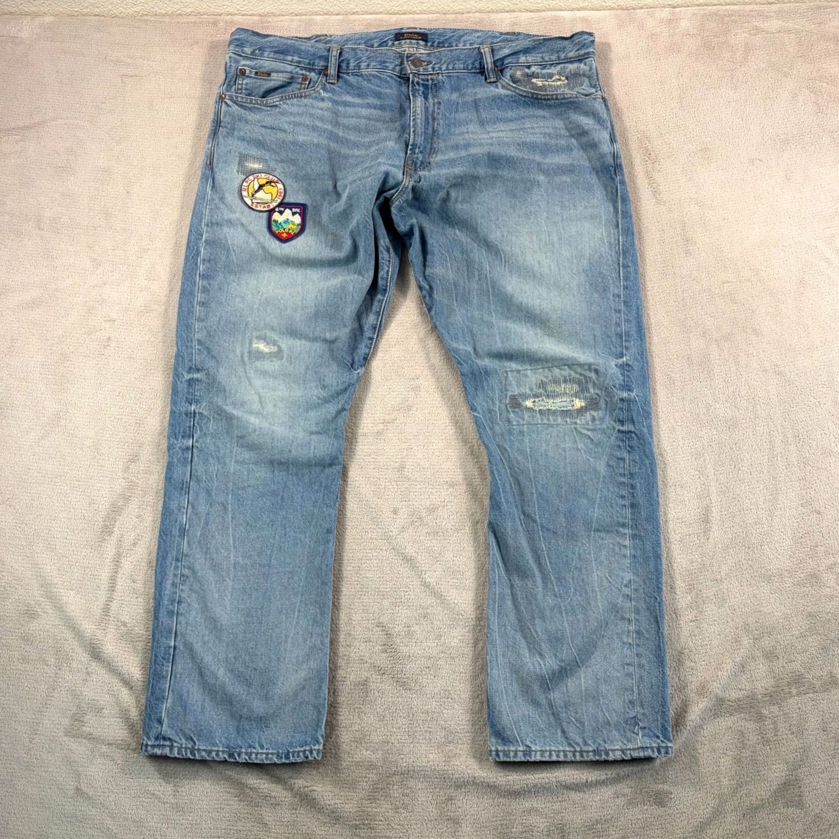 Polo Ralph Lauren Polo Ralph Lauren Jeans Mens 40x30 Blue Slim Straight Varick Ski Club Patch Distressed RLPC Size US L / EU 52-54 / 3 - 2 Thumbnail