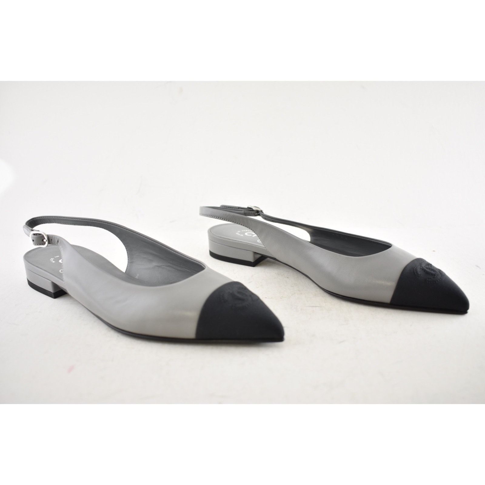 Chanel Chanel 24A Gray Leather Black CC Logo Slingback Flat 36c Size US 5 / IT 35 - 4 Thumbnail