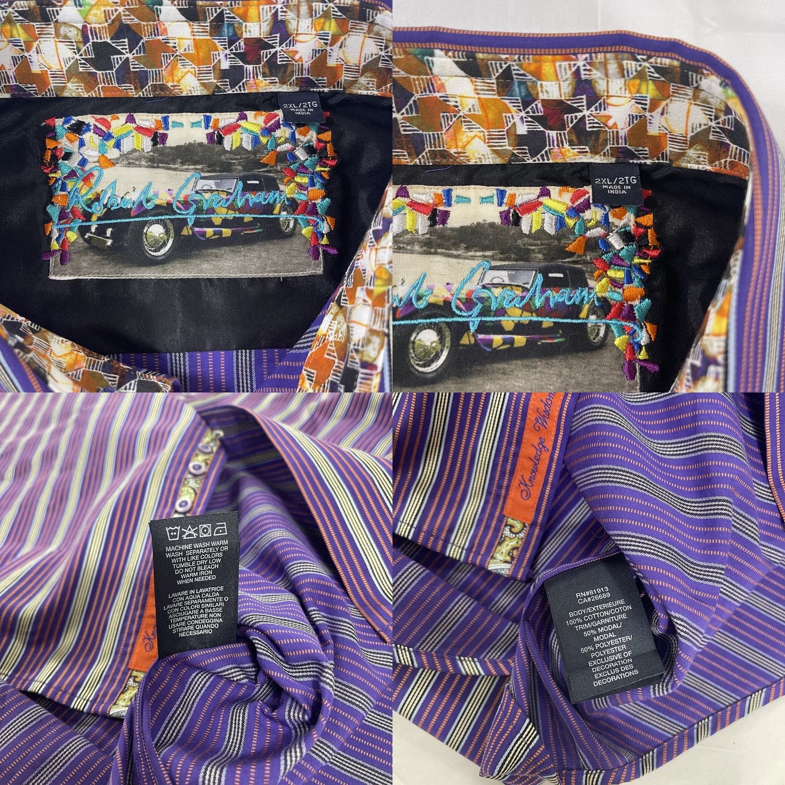 Robert Graham Robert Graham Men's 2XL Button Dress Shirt Striped Purple Long Sleeve Adult 2XL Button-Up Shirt Mens Size 48R - 9 Thumbnail