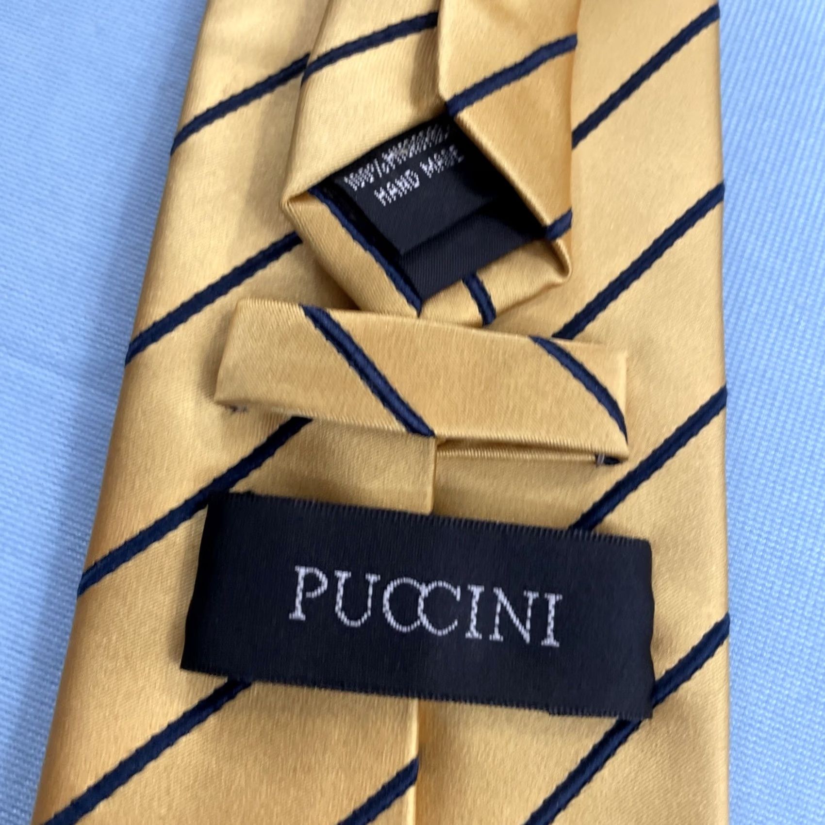Vintage VINTAGE Puccini Necktie, Tie, 90s, Handmade, Microfiber Repp, Yellow Striped Blue, 3.5x62, Vintage, Boxer Cap? Size ONE SIZE - 7 Thumbnail