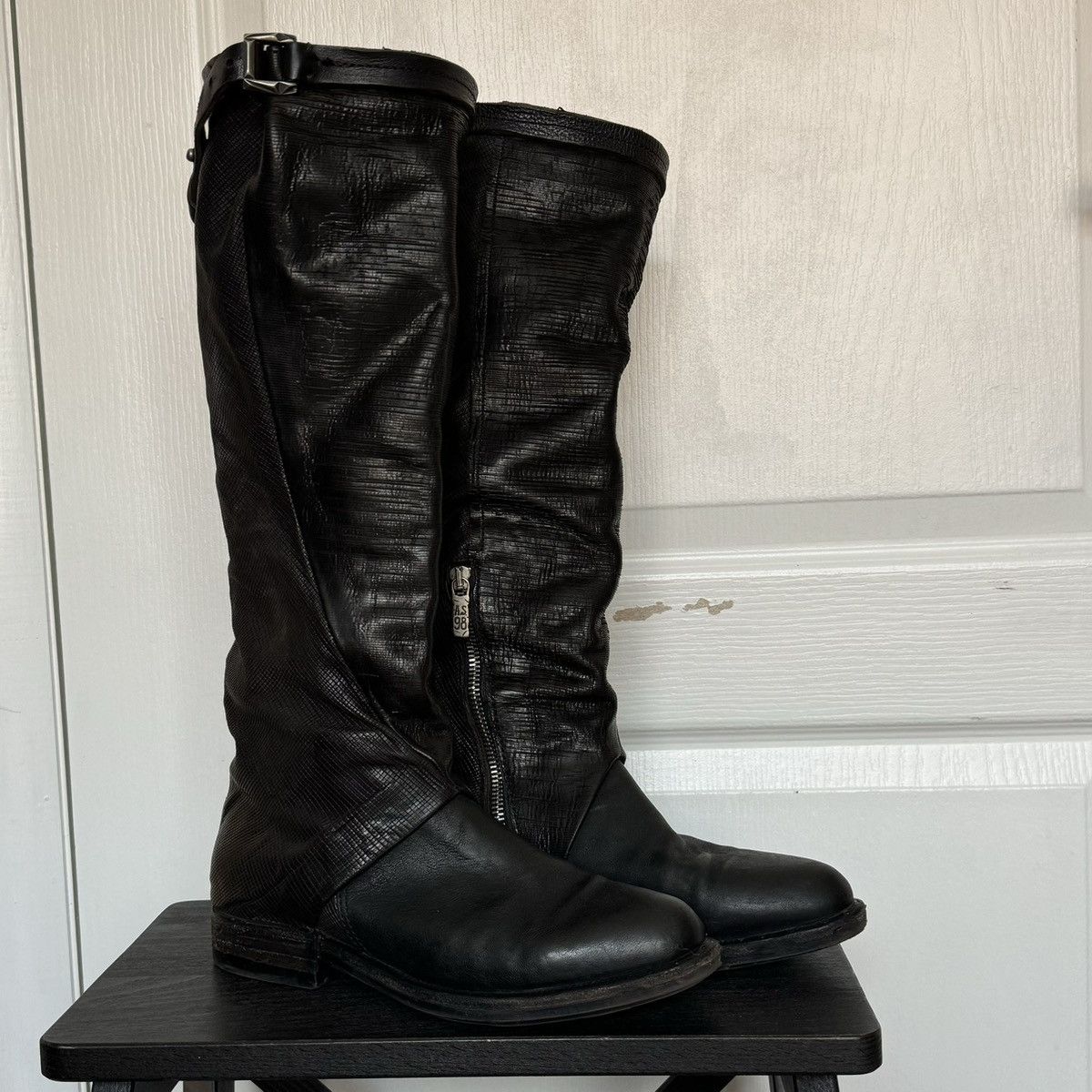 A.S.98 A.S.98 Black Leather Knee High Biker Boots Womens Zip Buckle Size US 7.5 / IT 37.5 - 1 Thumbnail