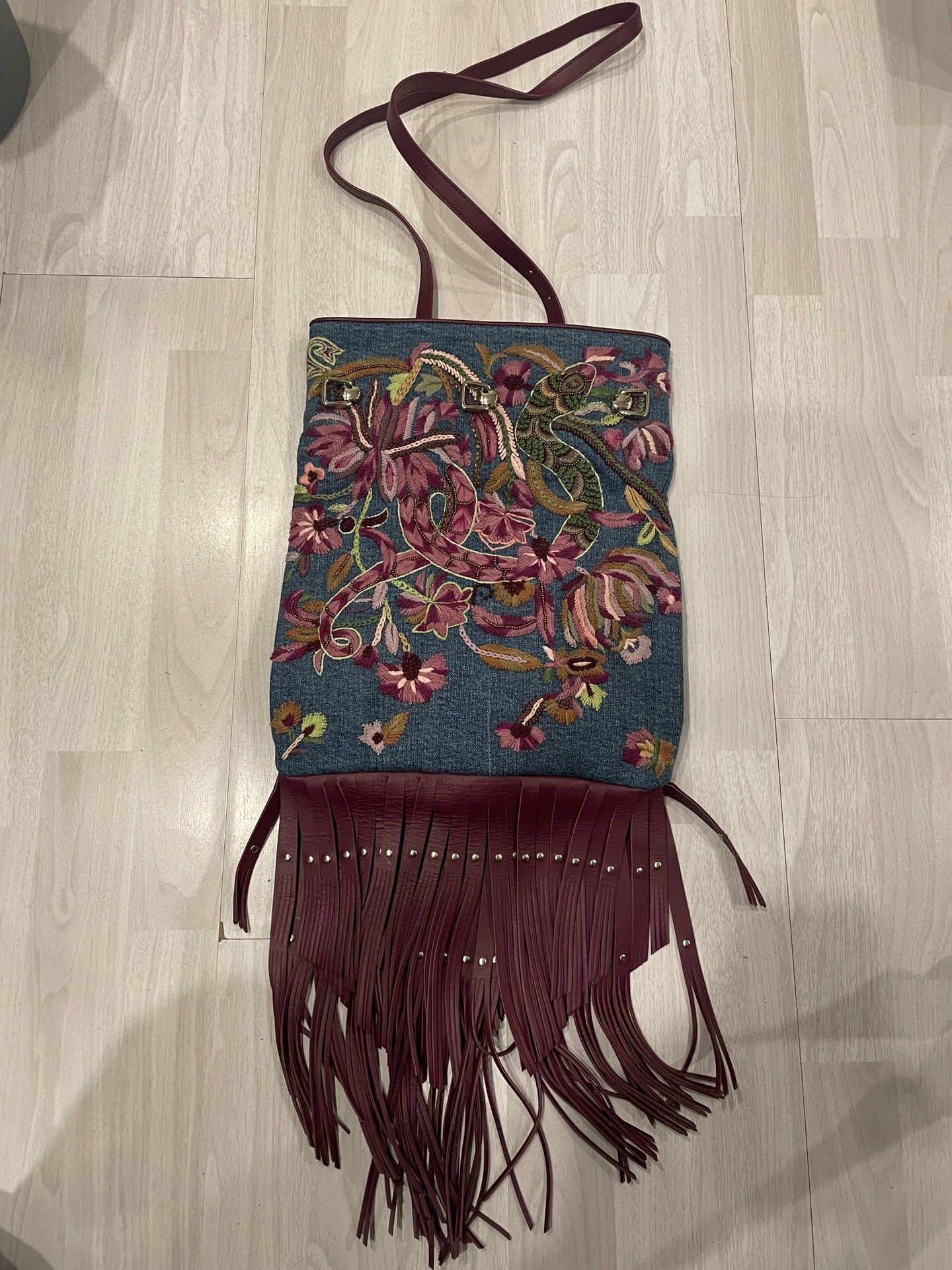 Roberto Cavalli Roberto Cavalli 16-17 Runway Embroidered Denim Fringe Bag Size ONE SIZE - 1 Thumbnail