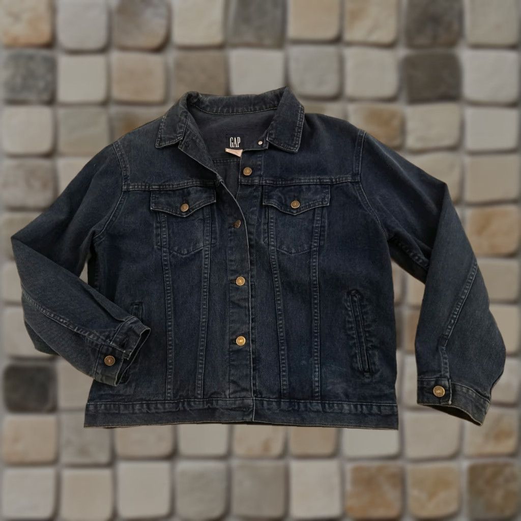 Gap VINTAGE Gap Full Button Blue Jean Bomber Jacket L Mens Blue Motorcycle Jacket 25in long 24in pit to pit EUC Canada Size US 33 - 1 Thumbnail
