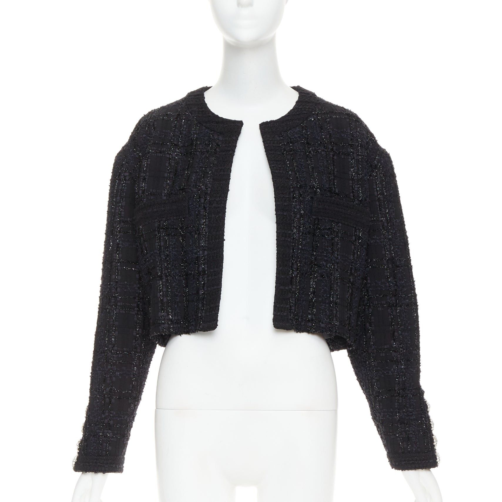 Alexandre Vauthier ALEXANDRE VAUTHIER COUTURE AW2019 Runway black metallic tweed collarless cropped jacket Size S / US 4 / IT 40 - 1 Thumbnail