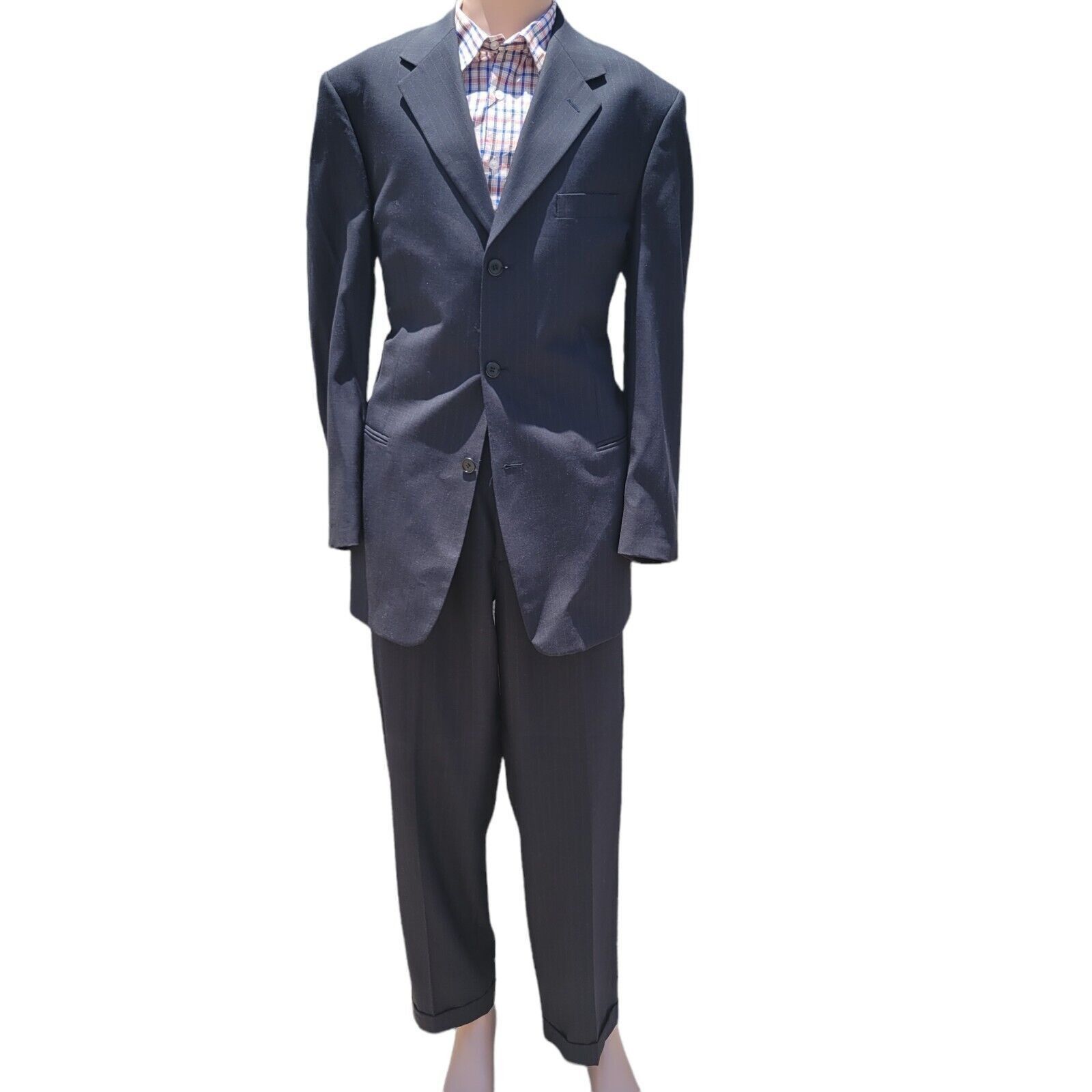Dillard's Men's 3-Button Navy Suit with light gray pinstripe. Size 42L - 2 Thumbnail