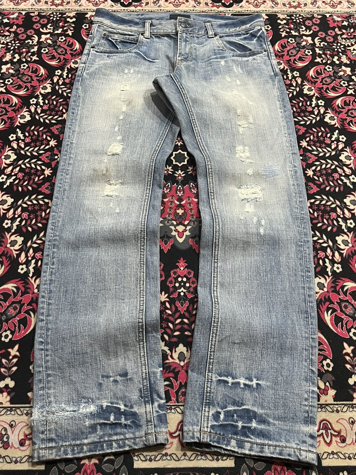 Le Grande Bleu (L.G.B.) ⚡️Distressed⚡️Vintage Garage Blue Fringe Whisker Blue Jeans Size US 33 - 1 Thumbnail